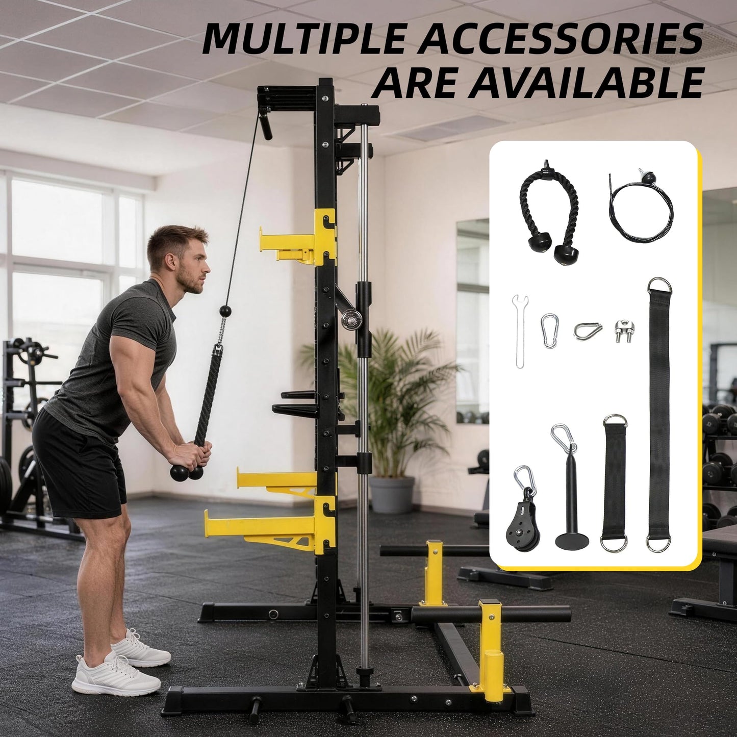 Fitvids Smith Machine Power Cage, Multi-Function Squat Rack with Dip Bars, Weight Plate Storage, J Hooks, Barbell Holder & T-Bar Row Platform, Tricep Rope,2000lb Capacity