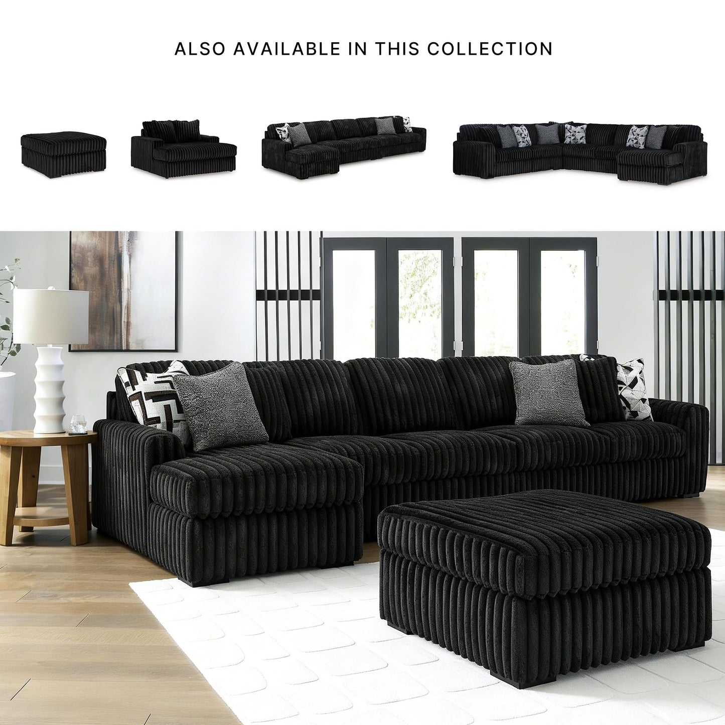 Signature Design by Ashley Midnight‑Madness Sectionals, Jumbo Corduroy Sectional Sofa with Chaise, Plush Cushioned Comfort for Cozy Living Room Lounging, 190" W x 65" D x 40" H, Black
