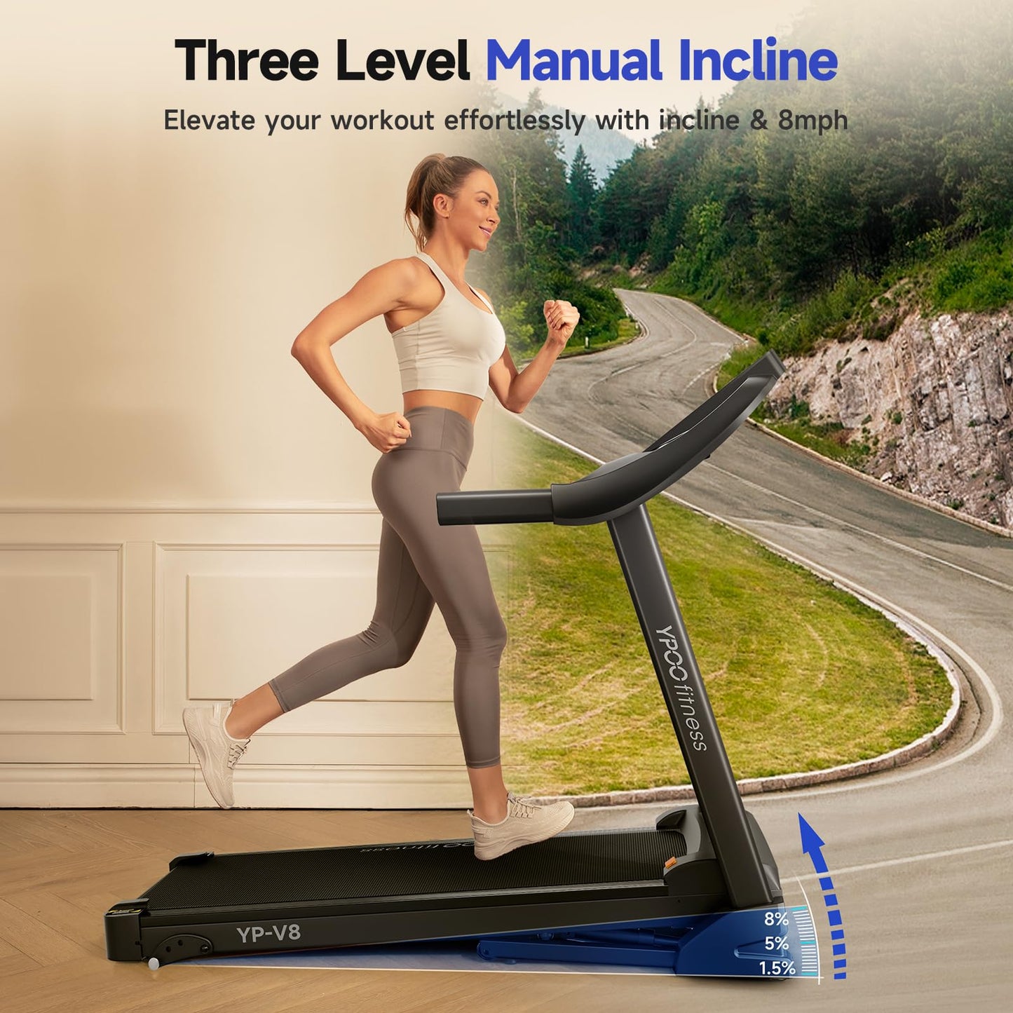 YPOO Treadmills for Home Use, Walking Pad Treadmill with Incline, Auto Foldable Treadmills for Home, 8.0 MPH Running Treadmill with Bluetooth Enabled, 300 lbs User Capacity