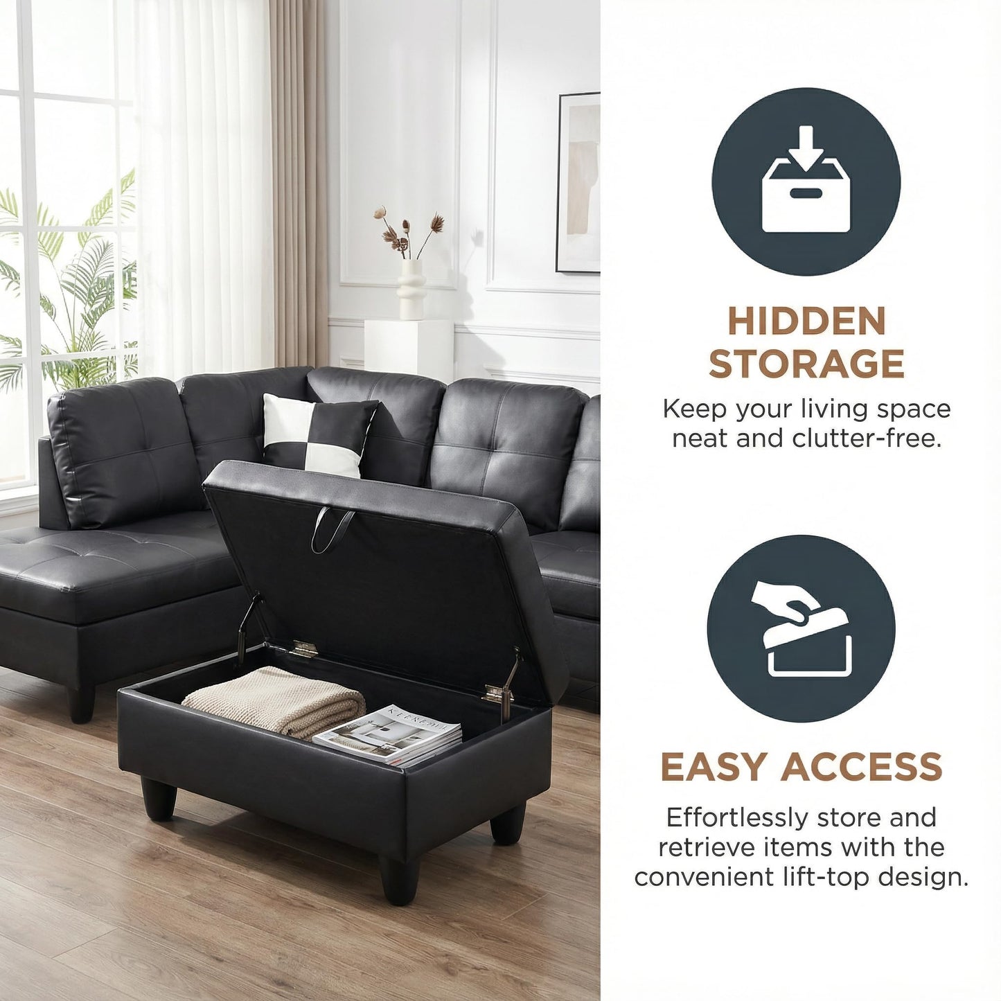 Trygoal 103.5" Modular Leather Sectional Sofa, 4-Seat L-Shaped Couch with Chaise & Storage Ottoman, 3-Piece Convertible Living Room Furniture Set for Apartment Office, Black