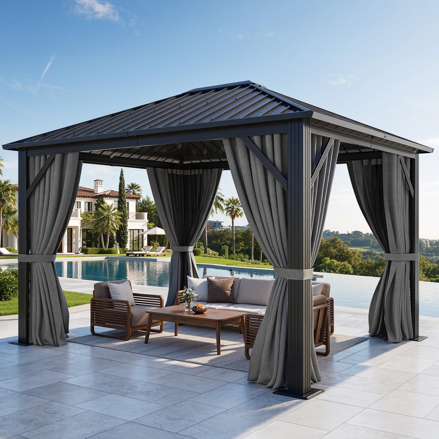 DWVO 10x12ft Gazebo Hardtop Heavy Duty Canopy with Nettings and Curtains, Galvanized Steel Outdoor Vertical Stripes Roof for Patio, Backyard, Deck, Lawns, Gray