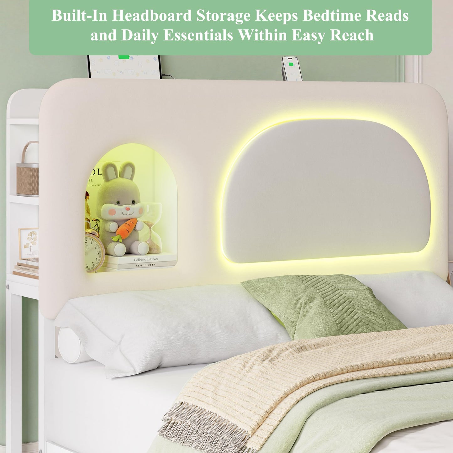 Keyluv Full Size LED Bed Frame with Storage Bookcase Headboard, Charging Station, Velvet Upholstered Platform Bed with 2 Drawers & USB Ports, Sturdy Metal Support, No Box Spring Required, Beige