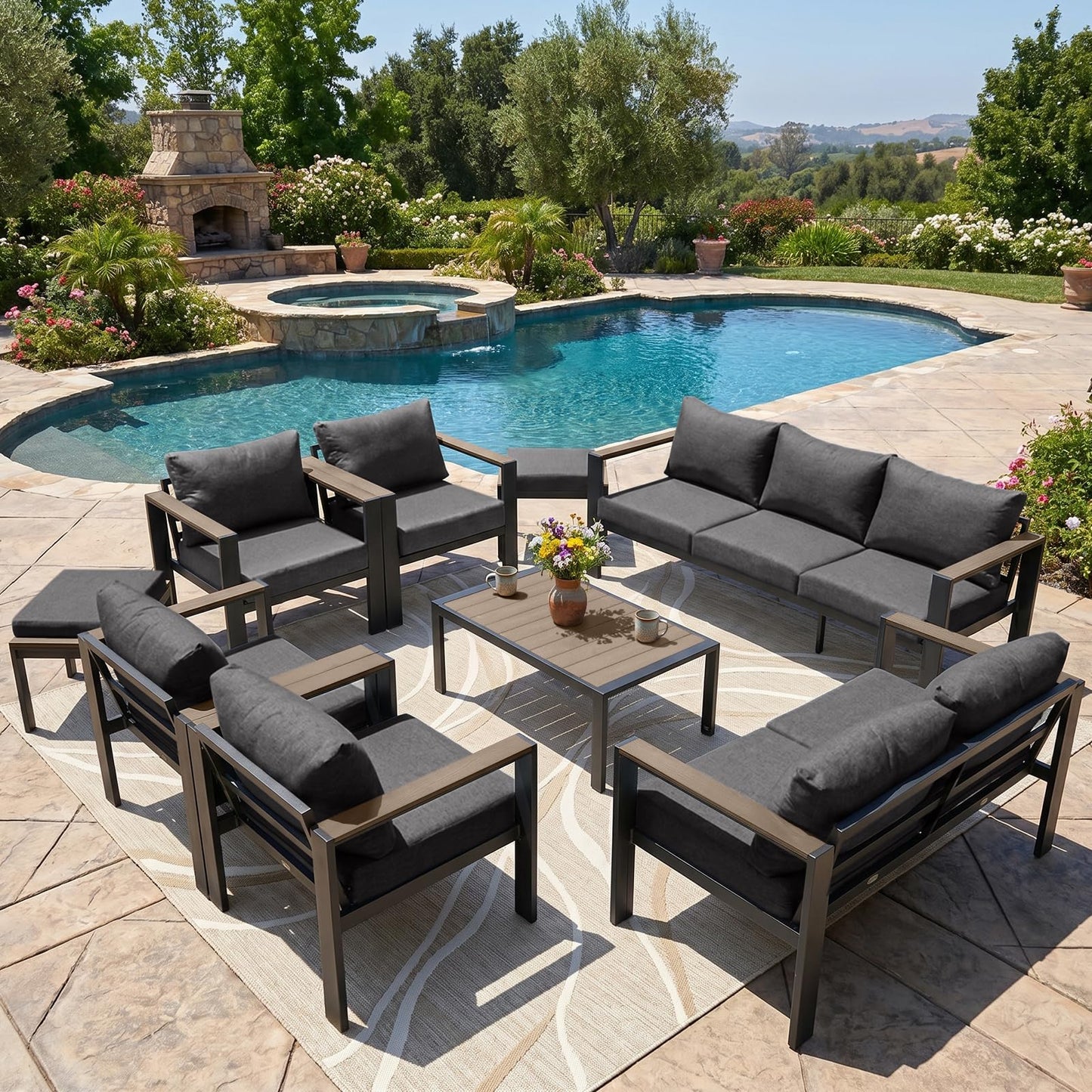 SAILARY Outdoor Patio Furniture Set 9 Pieces Luxury Aluminum Patio Conversation Set with Coffee Table and 2 Ottoman 11 Seats, Thick Cushions, Large Sectional Sofa for Porch, Balcony, Yard, Dark Gray