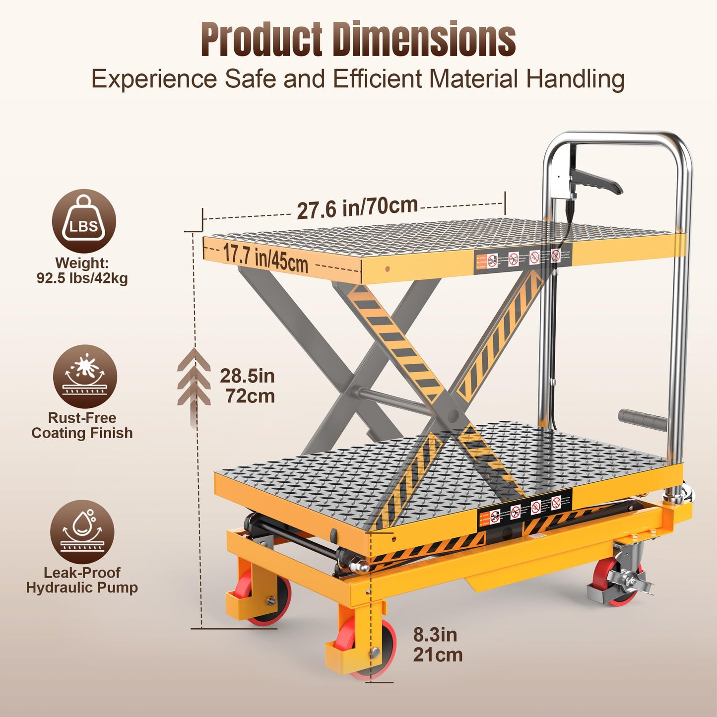 Tera Hydraulic Lift Table Cart: 330lbs Single Scissor 8.3"-28.5" Lift Range