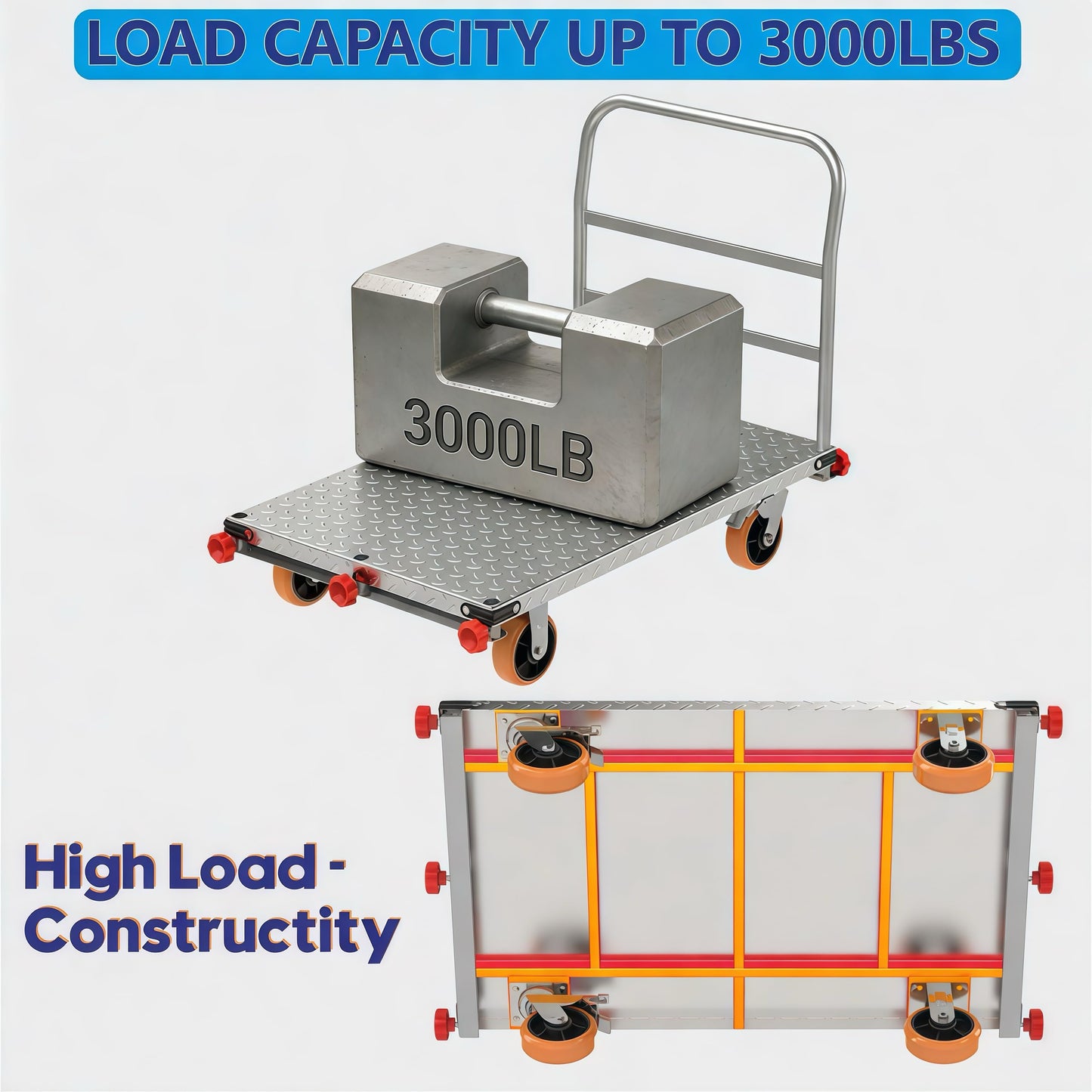 2-in-1 Steel Panel Cart with 3000 lbs Capacity Lumber Drywall Dolly Cart, 6" Swivel Brake Wheels Heavy Duty Table Truck Flatbed Cart with 1Front and 3Side Handrails 44 X 28inch 2mm