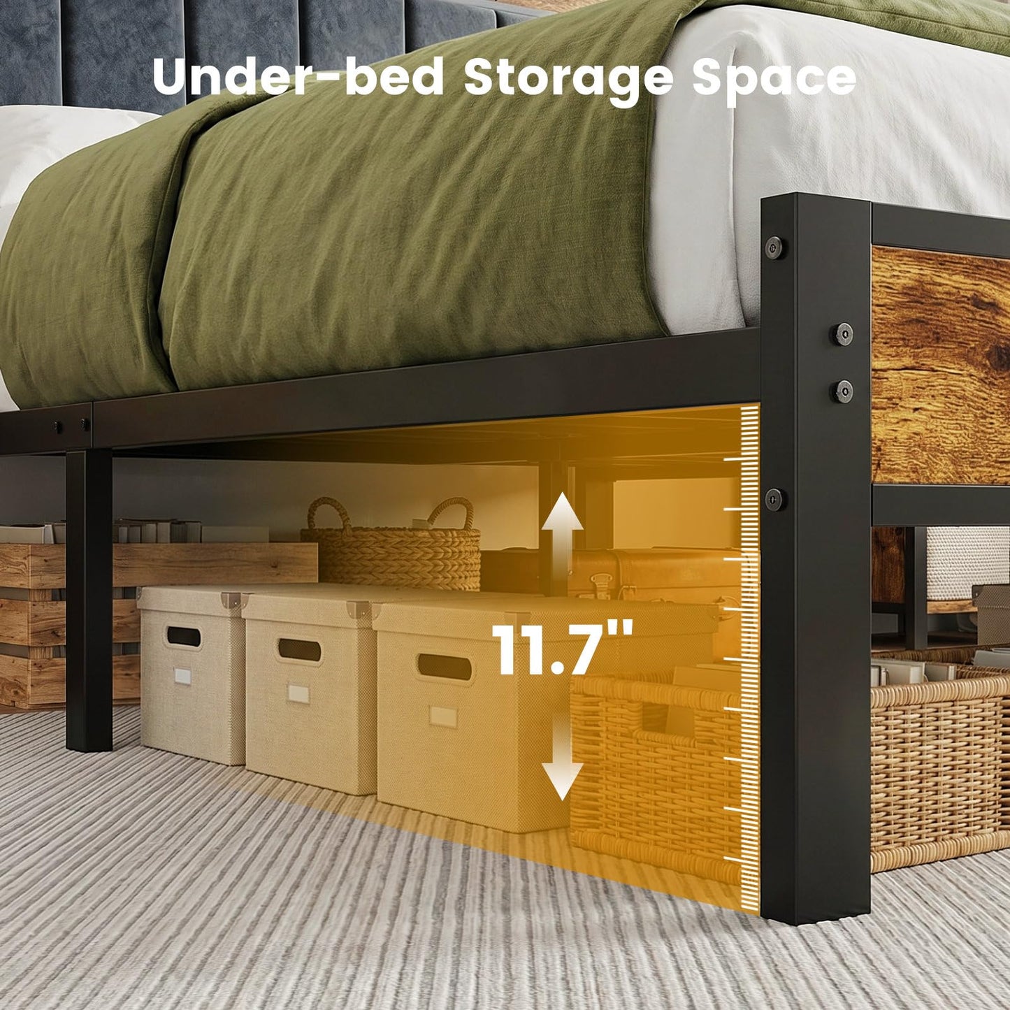 King Size Bed Frame with LED Lights and Charging Station, King Bed Frame with Storage Headboard, Metal Platform Bed with Wood Headboard, Noise Free, No Box Spring Needed, Easy Assembly