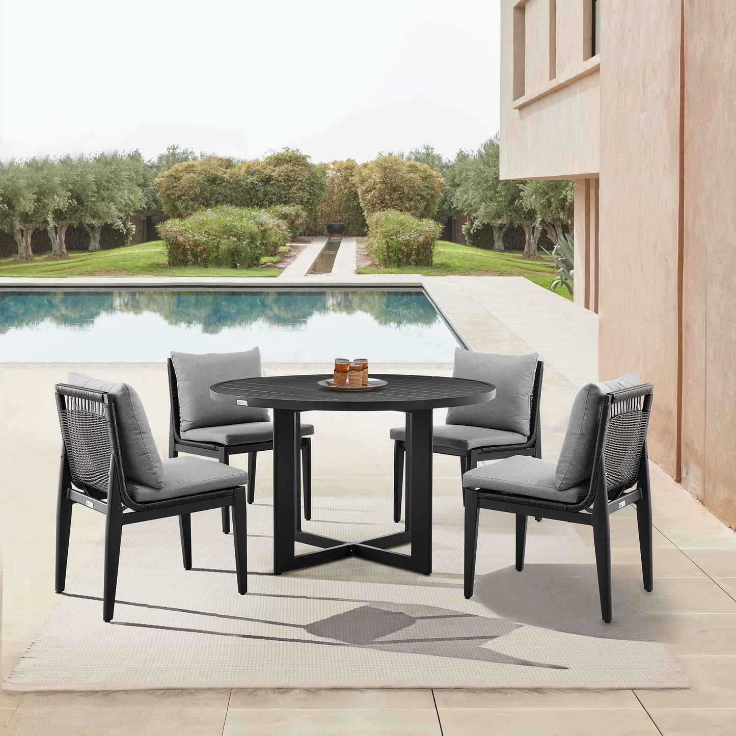 Armen Living Grand Outdoor Patio Dining Chairs in Aluminum with Grey Cushions - Set of 2