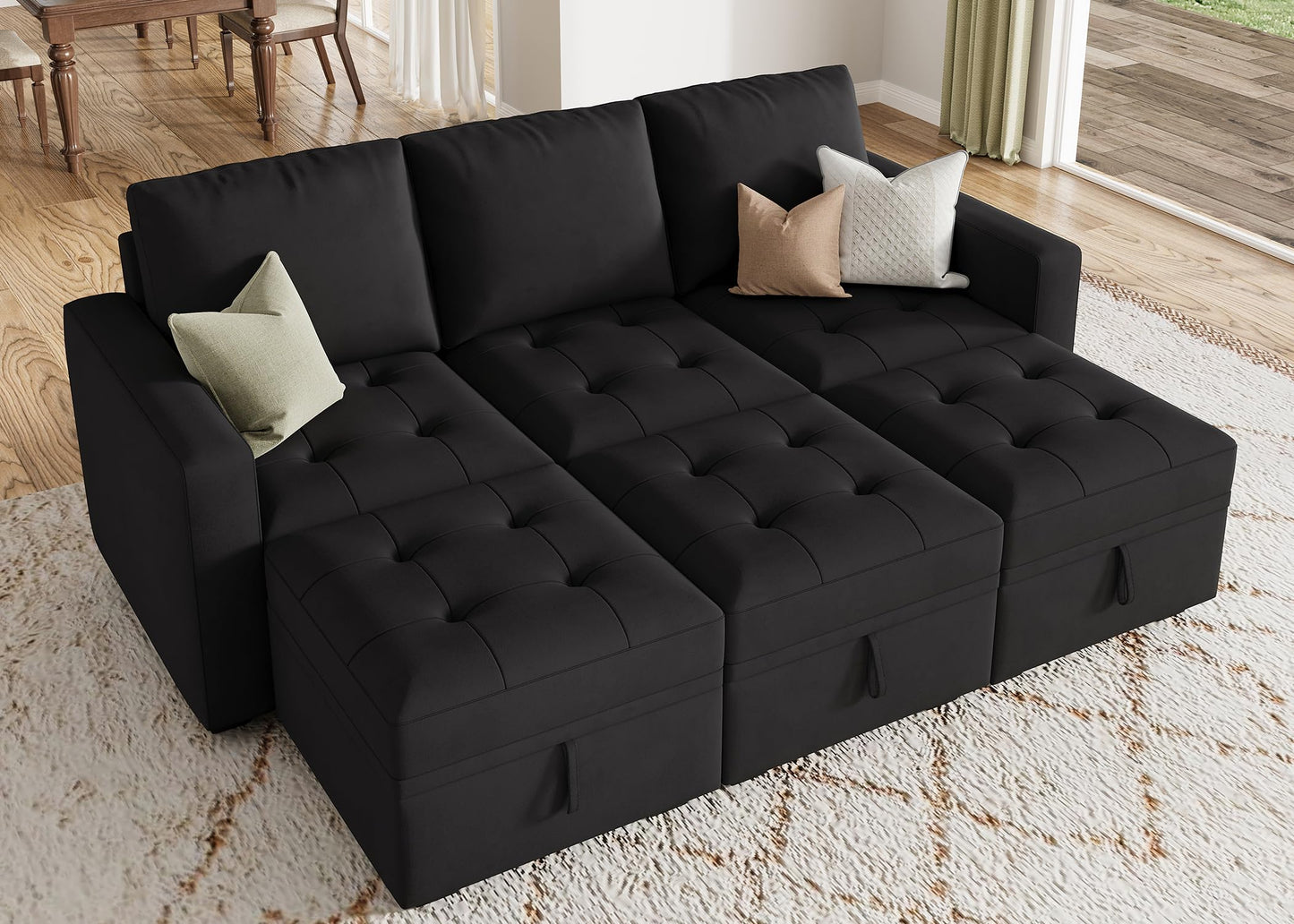 HONBAY Modular Sectional Couch Sleeper Sofa Bed with Storage Seats Oversized Sectional Couches for Living Room,Black