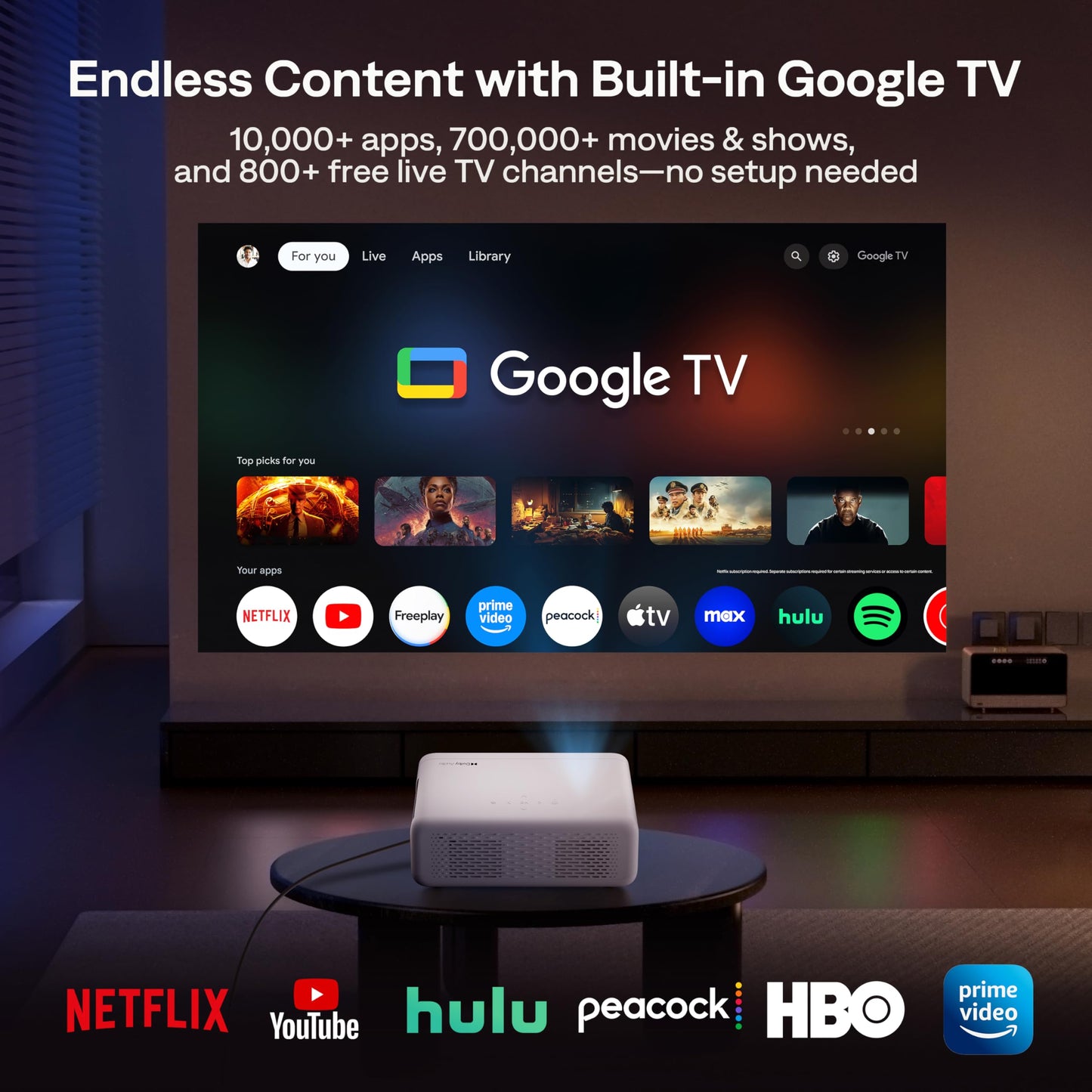 Aurzen EAZZE D1G 4K Supported Google TV Smart Projector with WiFi & Bluetooth, Auto Focus & Keystone, Dolby Audio, Zoom, Movie, Portable Mini Projector for Home & Outdoor Use