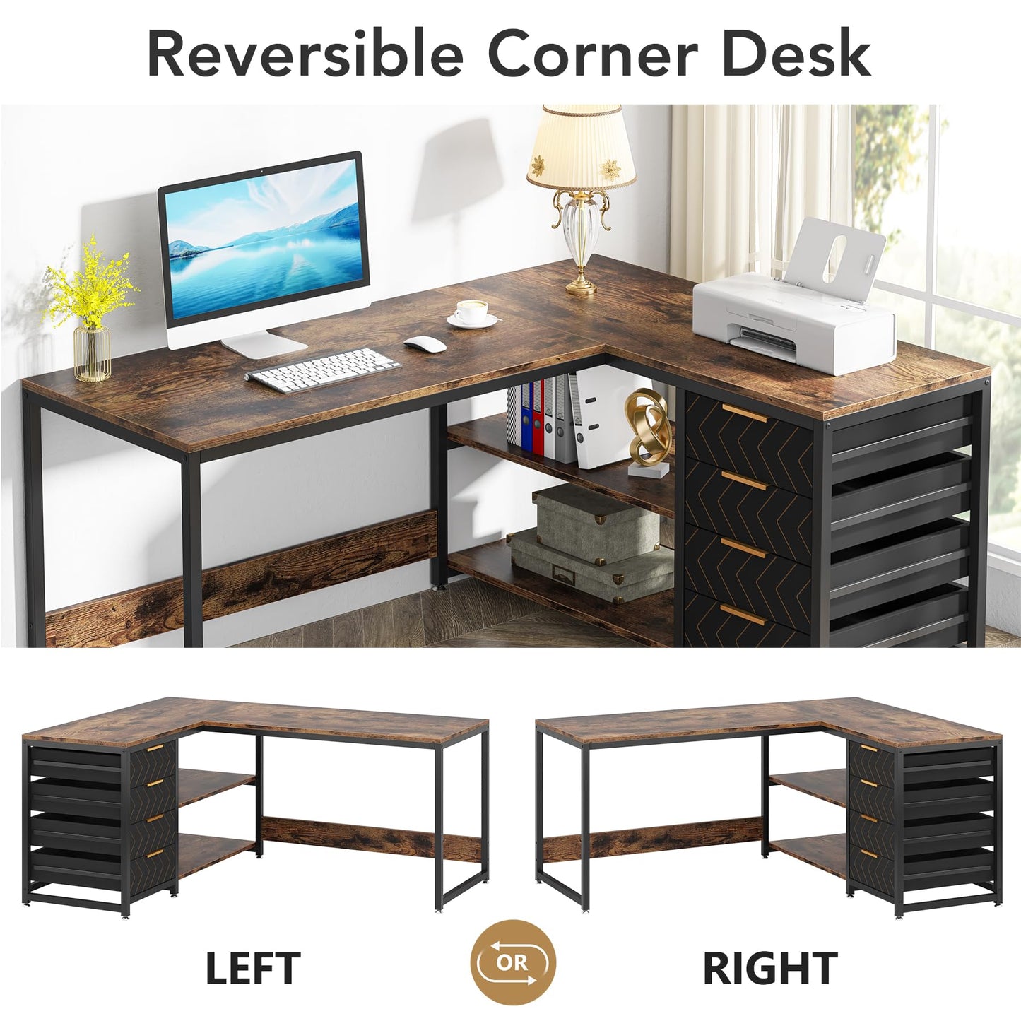 LITTLE TREE 59-Inch L Shaped Desk with Drawers, Large Computer Desk with Storage Shelves, Reversible L-Shaped Corner Desk Workstation for Home Office