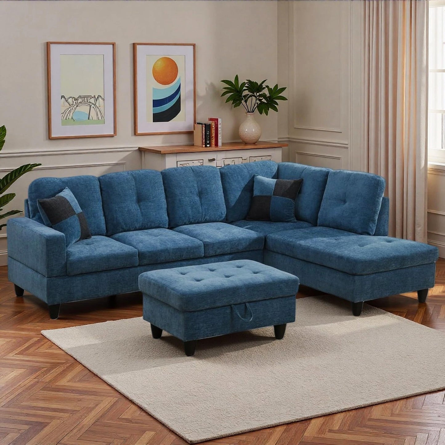 Trygoal 103.5" Sectional Couches for Living Room, Leather 4 Seat L Shaped Couch with Chaise, 3-Piece Modular Sofa with Storage Ottoman, Home Furniture Sets for Apartment Office, Blue