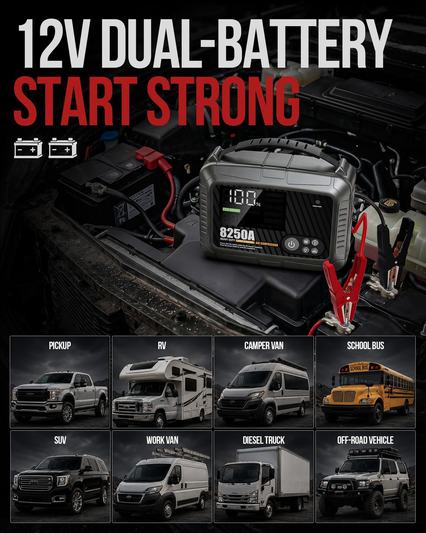 JFEGWO 8250A Heavy Duty Jump Starter with Air Compressor, 32000mAh 65W Fast Charging Portable Car Battery Booster Power Pack (for All Gas 12L Diesel), 150 PSI Tire Inflator, HD Display 12V Jump Box