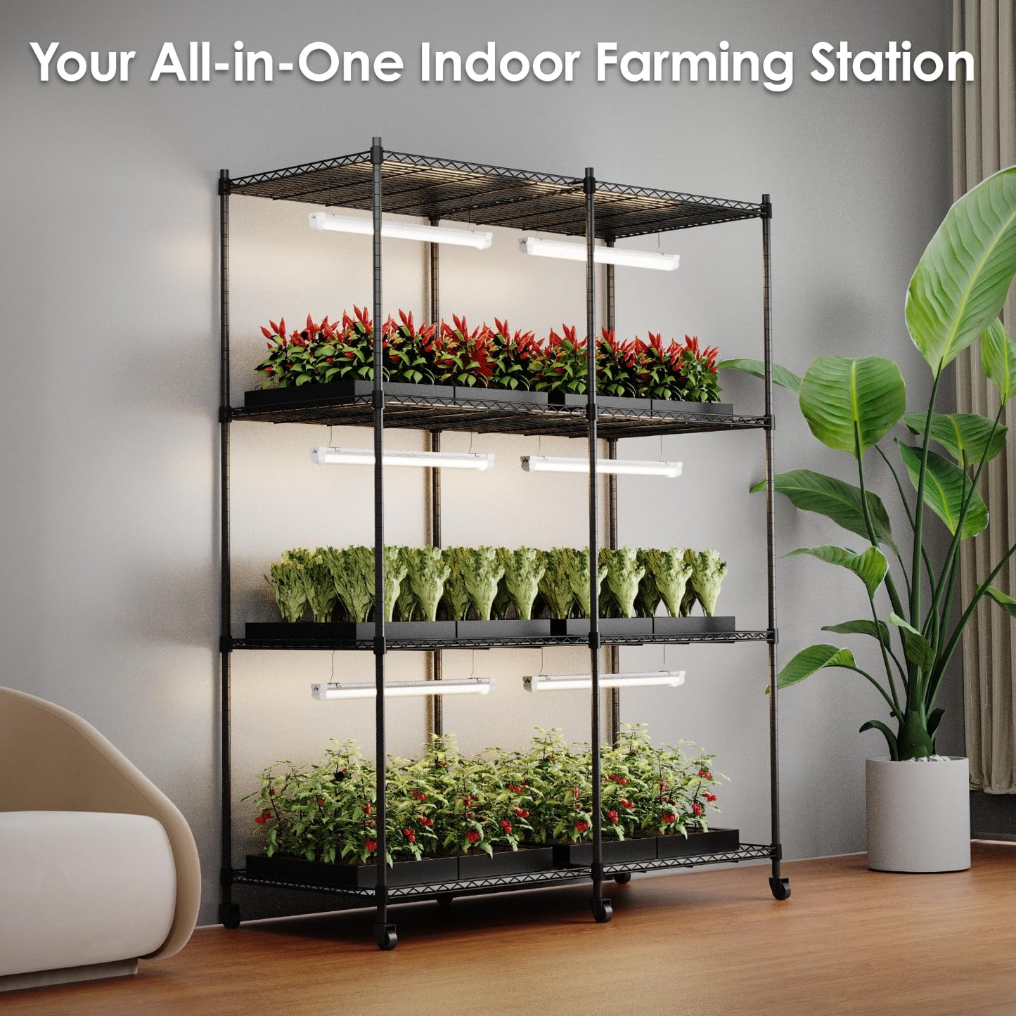 EJWOX 4 Tier Indoor Greenhouse Plant Shelf with Grow Lights, 6-Pack 18W Full Spectrum LED Grow Lights, Timer & Casters, Large Double Grid Metal Stand for Vegetables Herbs Succulents - 48x22x63 Inch
