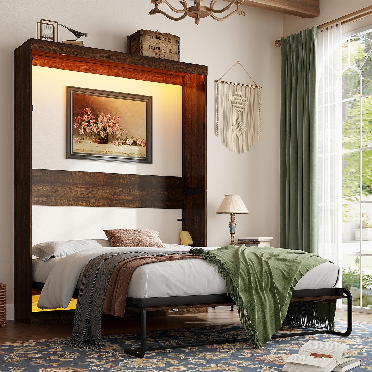 Hlivelood Full Size Murphy Bed with 2 LED Lights, Farmhouse Wood Hidden Foldable Wall Bed Frame w/Gas Struts, Storage Bed Cabinet for Bedroom, Office, Space-Saving, No Box Spring Needed, Brown