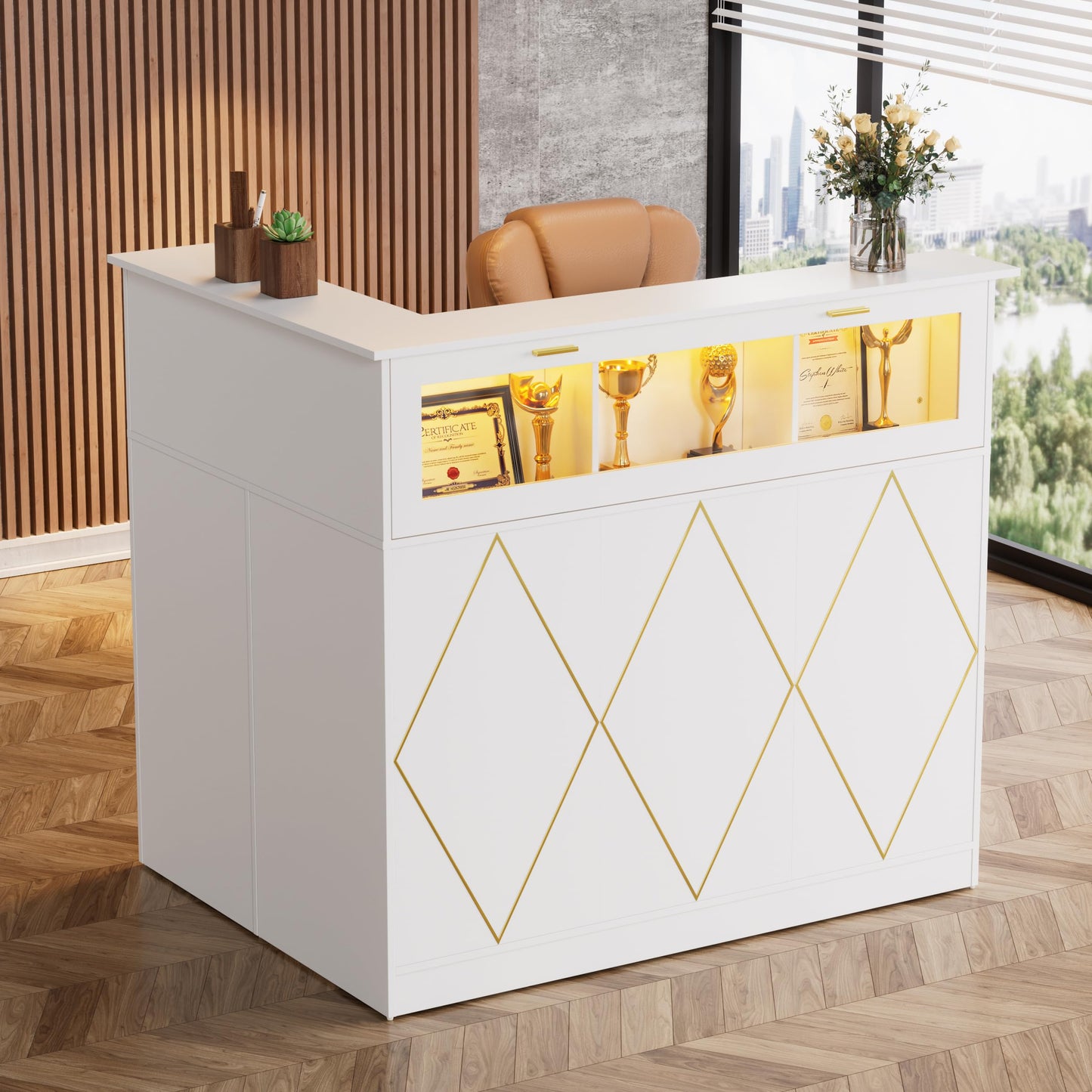 PAKASEPT Reception Desk with LED Lights, L-Shaped Modern Front Desk with Glass Display Shelf, Reception Counter Table for Lobbies, Salons, Retail, Home Offices (White)