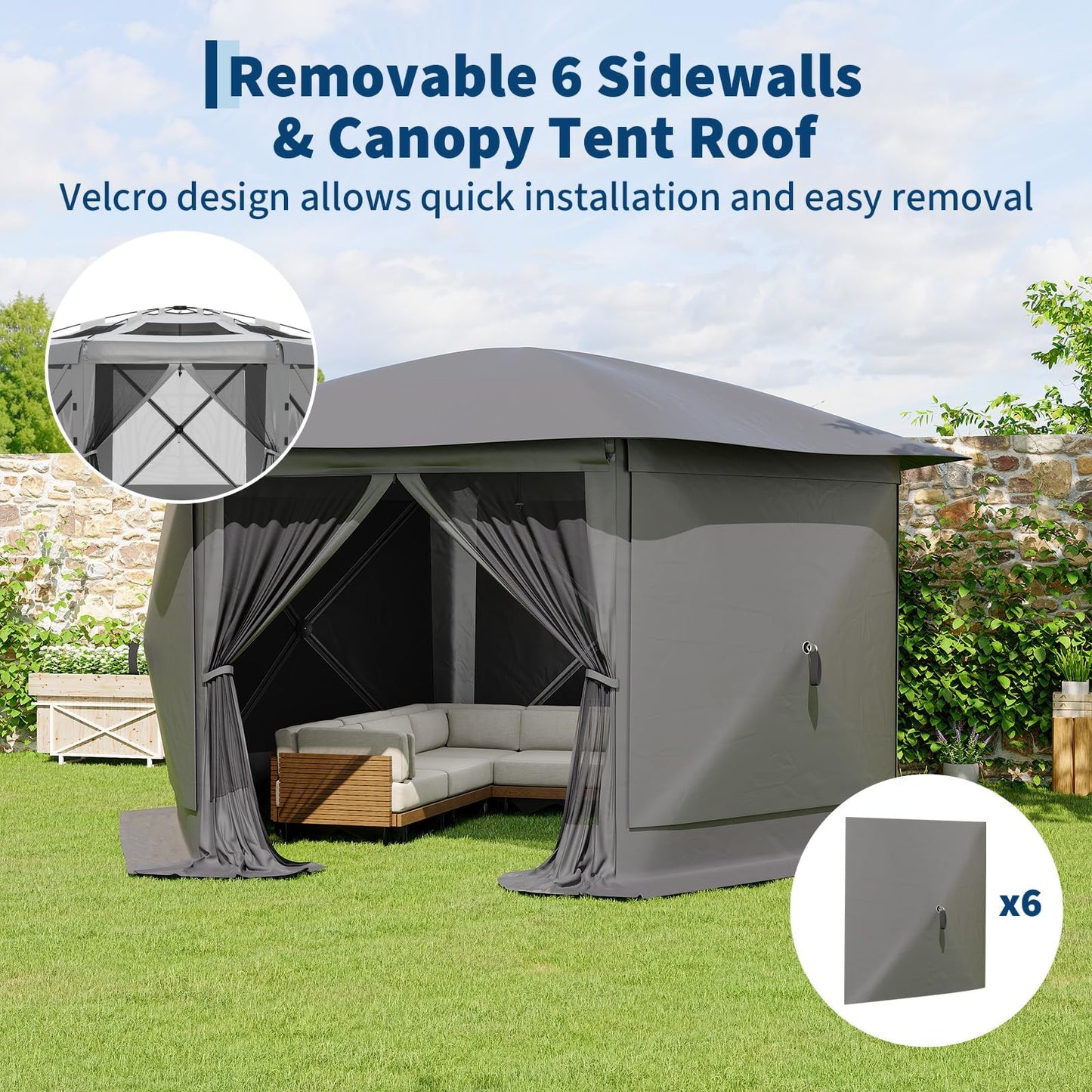 GarveeLife 11.5x11.5FT 6-Sided Pop Up Gazebo Tent，One-Push Setup Canopy Tent with Mesh Panels & Removable Wind Cloths, Outdoor shelter for Camping, Backyard Parties, Outdoor Events - Grey