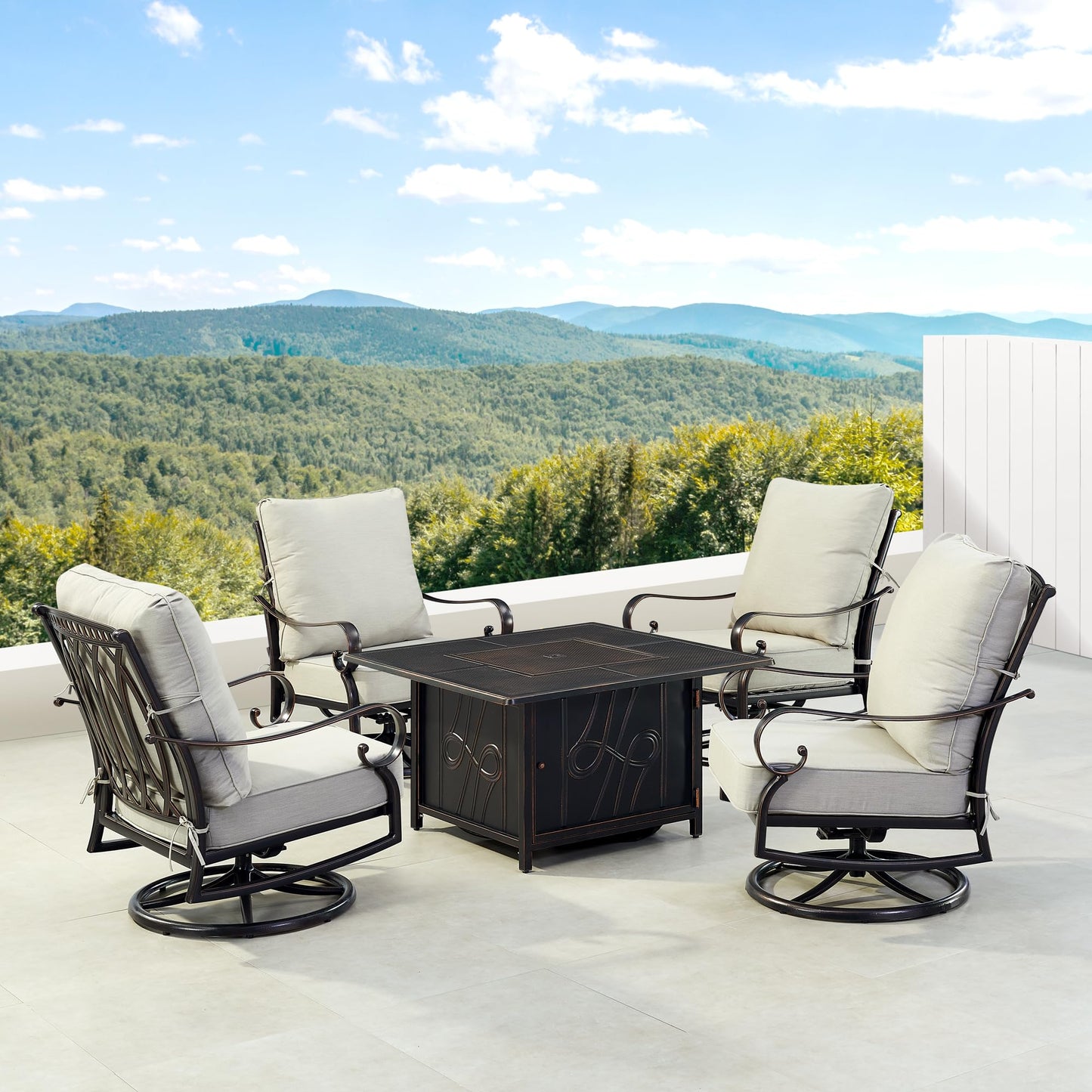 Oakland Living Black Aluminum Patio Fire Table Set with Four Club Chairs, Cushions and Wind Blocker