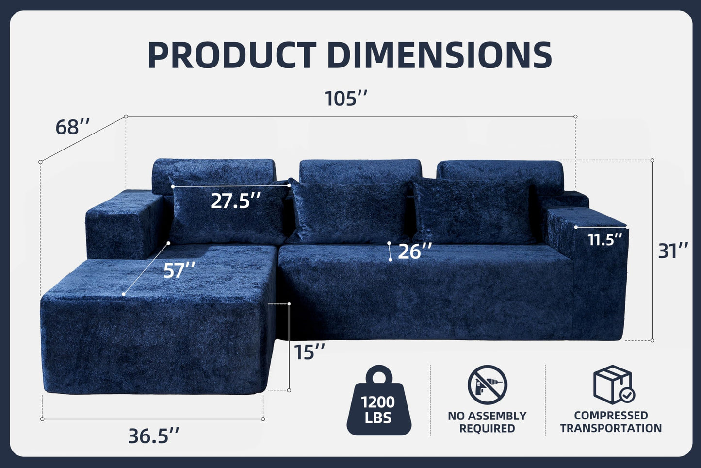 Homguava Modular Sectional Couches for Living Room,105" Cloud Couch with L-Shape Chaise,Comfy Sofa Living Room Couch with Deep Seat,No Assembly L Couch,Luxury Distressed Velvet(Blue,L)