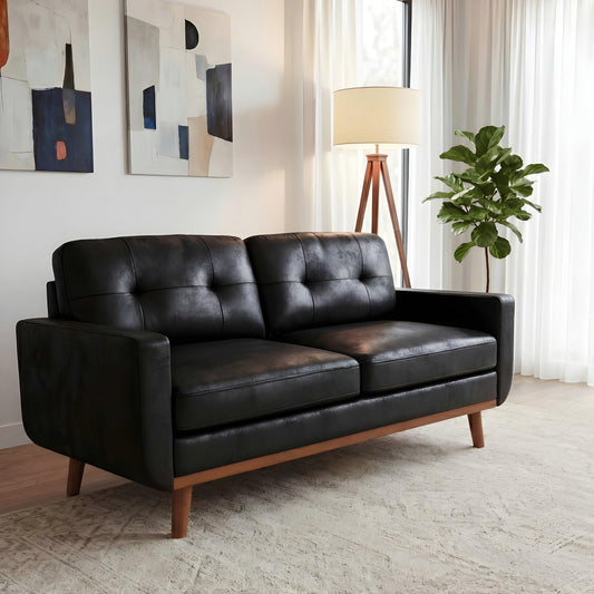 Ball & Cast 65" Loveseat Sofa,Mid Century Modern Love Seat Couches for Living Room,Button Tufted Upholstered Small Couch with Solid Wood Legs for Bedroom,Apartment,Office,Fabric,Black
