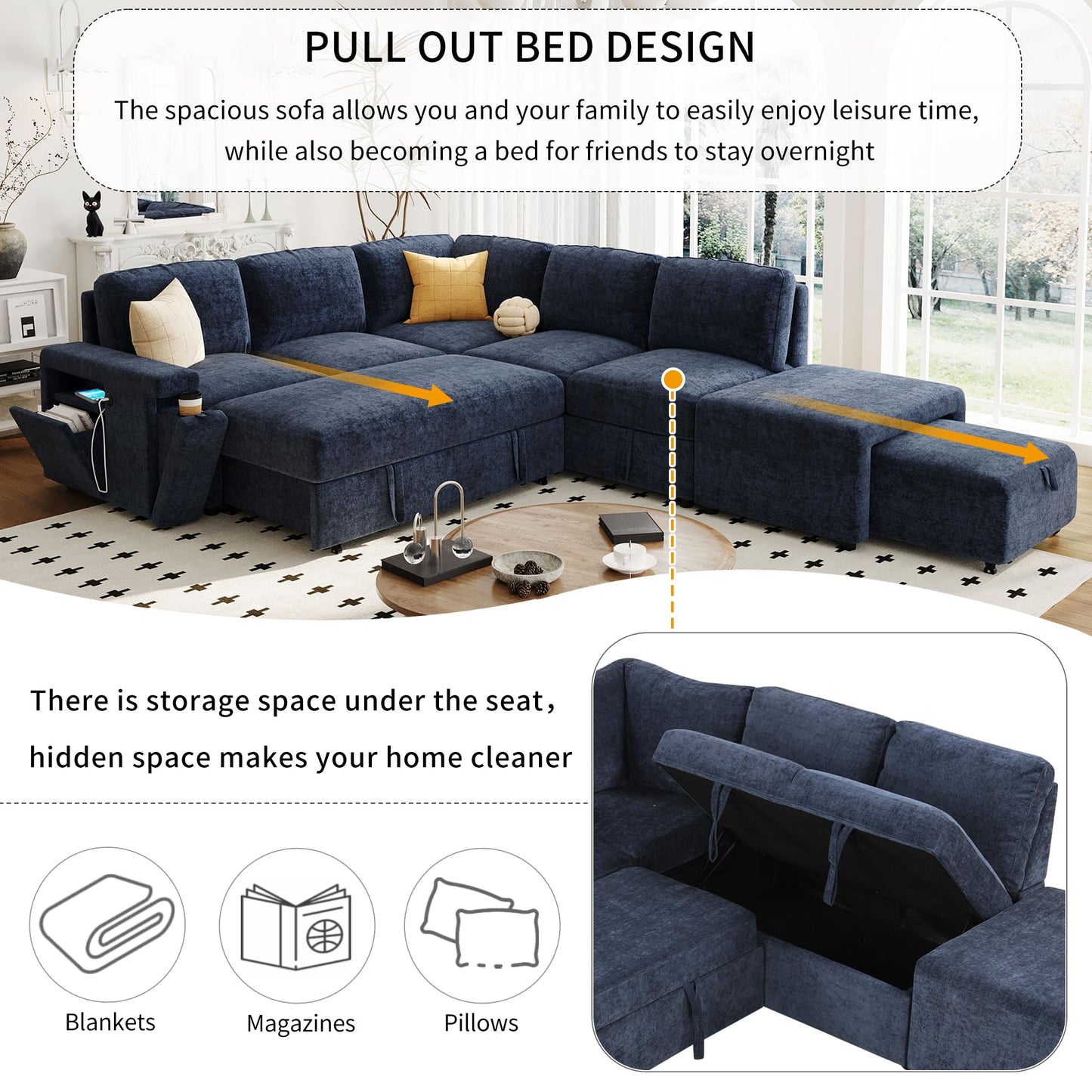 Merax L-Shaped Modular Sectional Sofa with Removable Storage Ottoman, USB Ports and Cup Holder, 6-Seats Upholstered Couch & Armrest, Free Combination Indoor Furniture for Living Room, Apartments, Blue