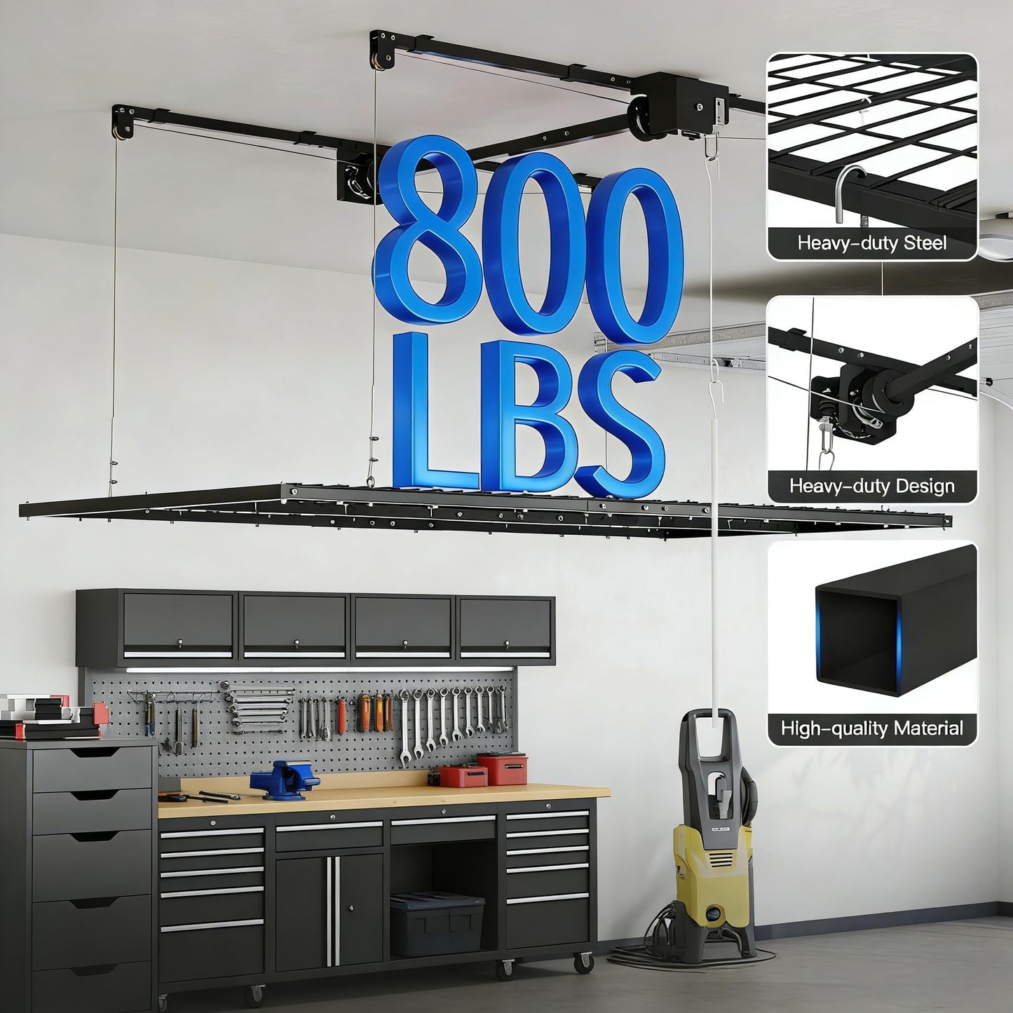ExploreHorizon 4x8 FT Overhead Garage Lifting Storage Rack, 800 lbs Capacity & 12FT Lifting, Heavy-Duty Metal Garage Ceiling Rack, Dual Mode Lifting, Adjustable Storage System with Safety Lock