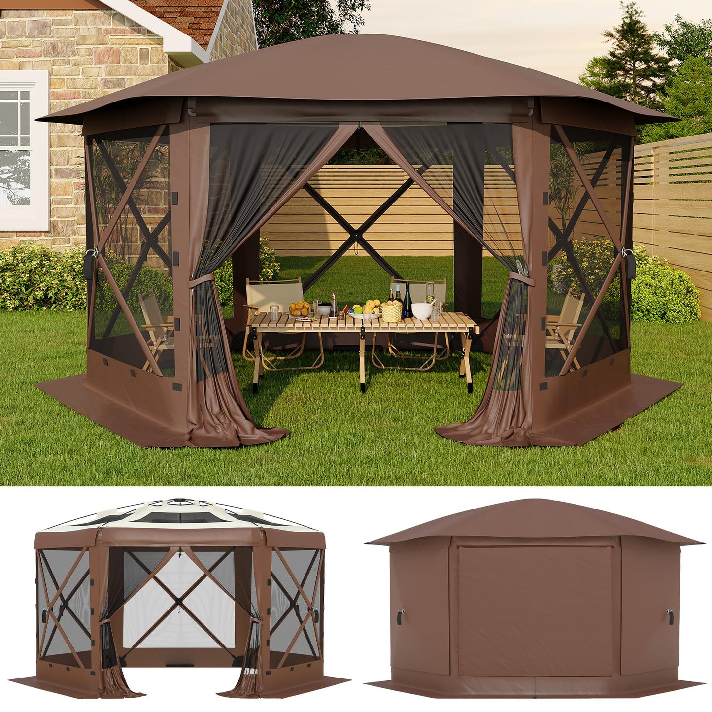 GarveeLife 11.5x11.5FT 6-Sided Pop Up Gazebo Tent，One-Push Setup Canopy Tent with Mesh Panels & Removable Wind Cloths, Outdoor shelter for Camping, Backyard Parties, Outdoor Events - Beige & Khaki
