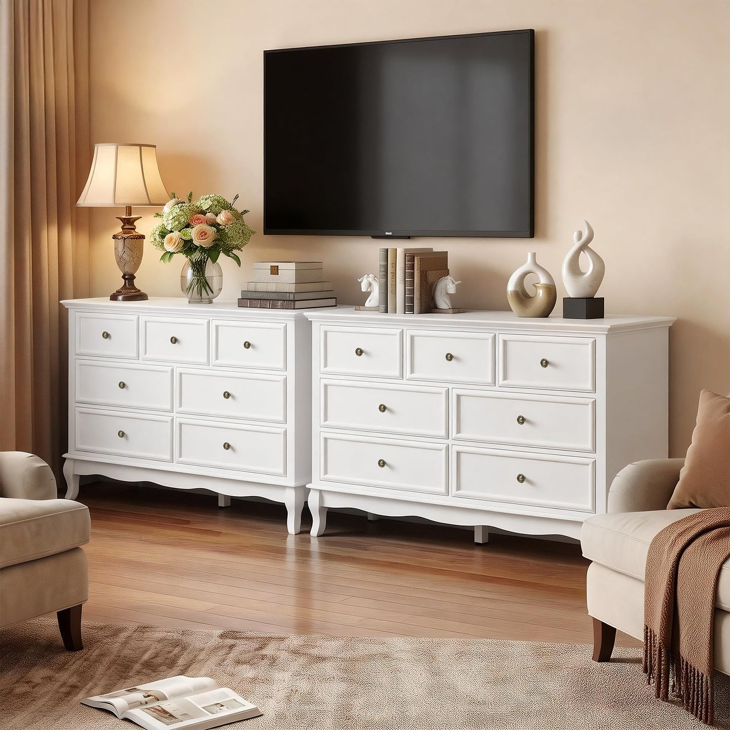 RoyalCraft 53" Wide 7 Drawer Dresser, White Dresser for Bedroom, Modern White Chest of Drawers with Solid Wood Legs and Painted Finish, Wooden Storage Closet Cabinet Organizer for Hallway, Living Room