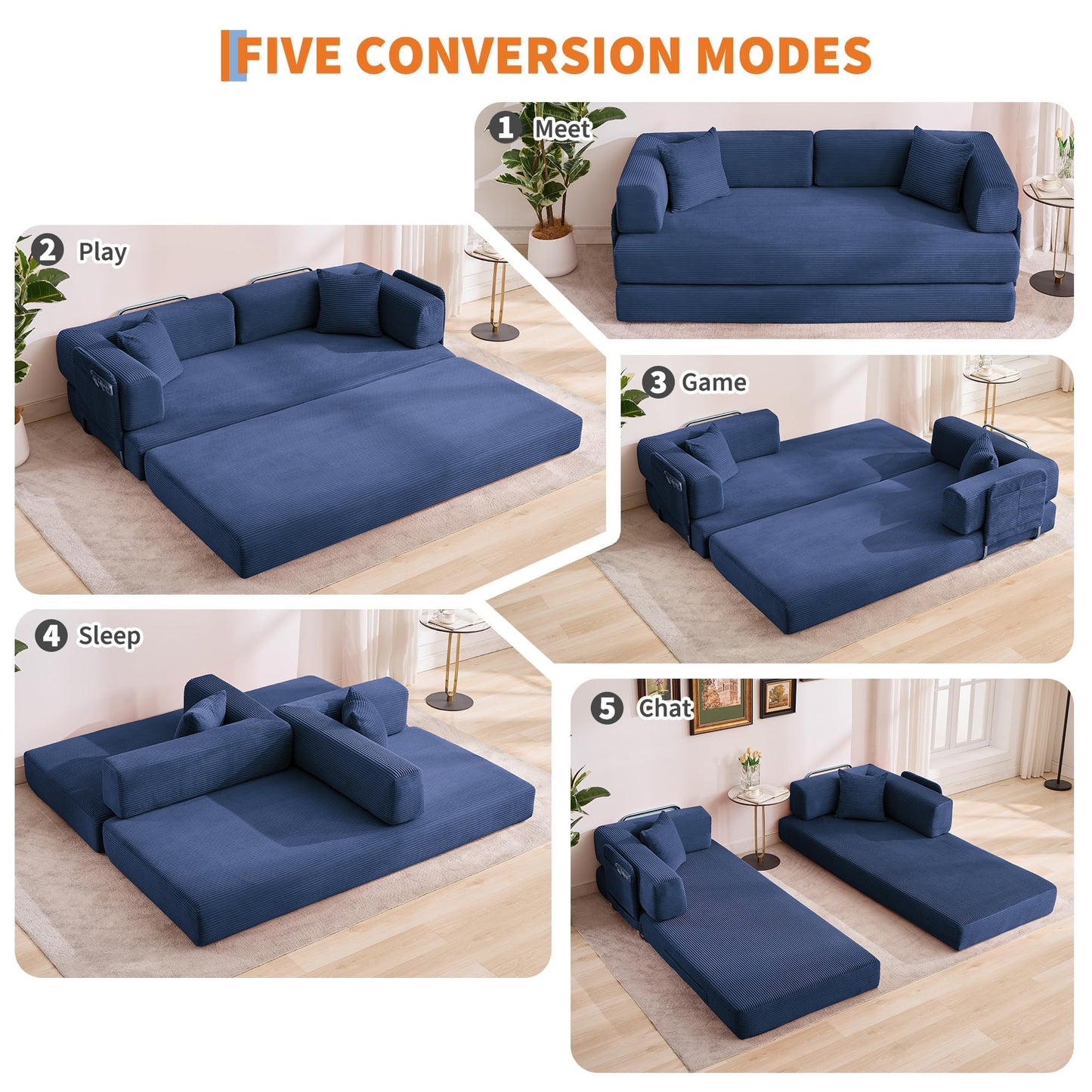 GarveeLife 78.8" Modular Corduroy Sofa Bed,5 in 1 Convertible Futon Floor Couch with Pull-Out Sleeper,Multi-Functional Futon for Living Room Guest Room & Small Spaces