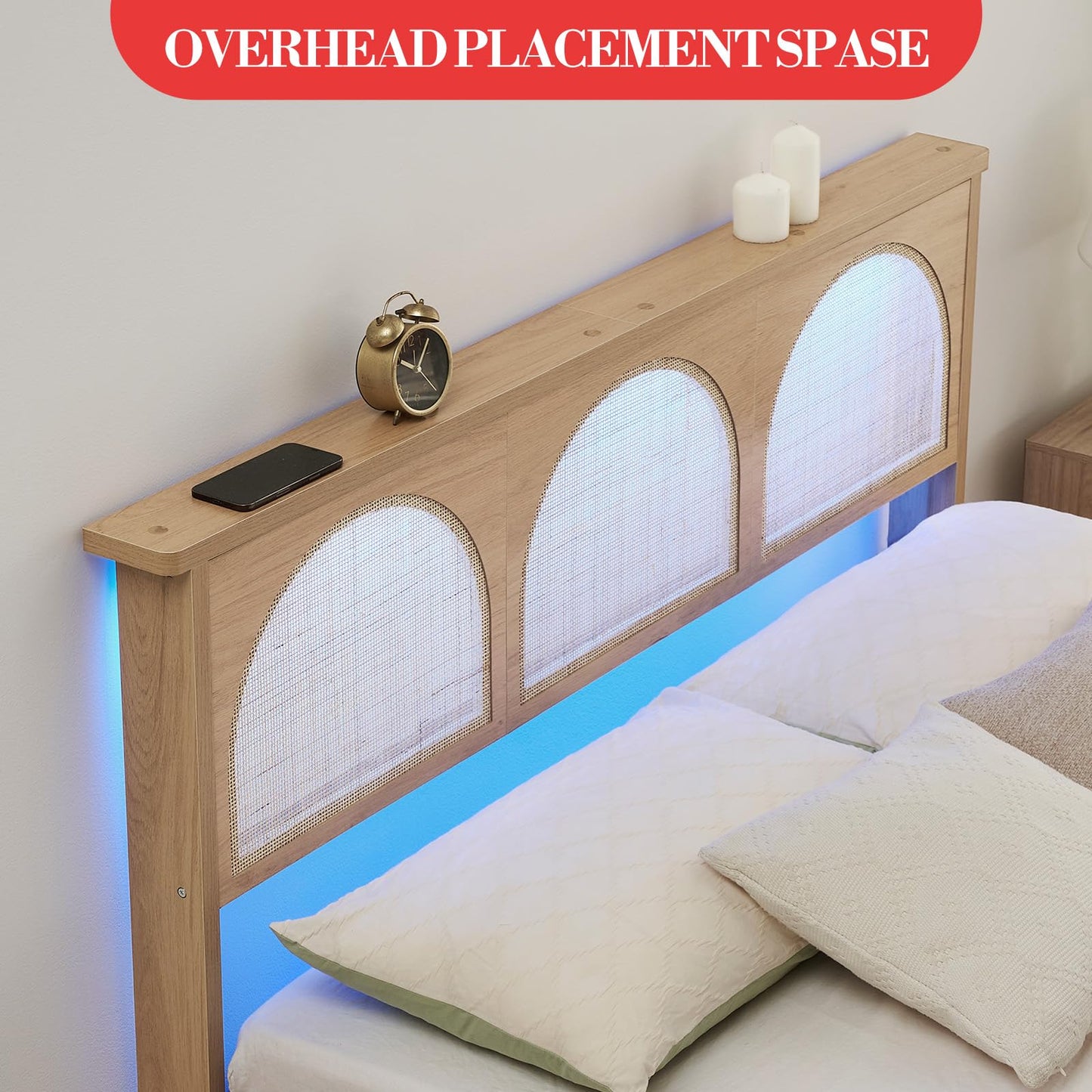 Queen Boho Rattan Bed Frame, Wooden Bed Platform with Storage, Smart RGB LED Natural Rattan Headboard, No Box Spring Needed, Under Bed Storage, Easy Assembly Solid Wood Foundation with Silent Slats