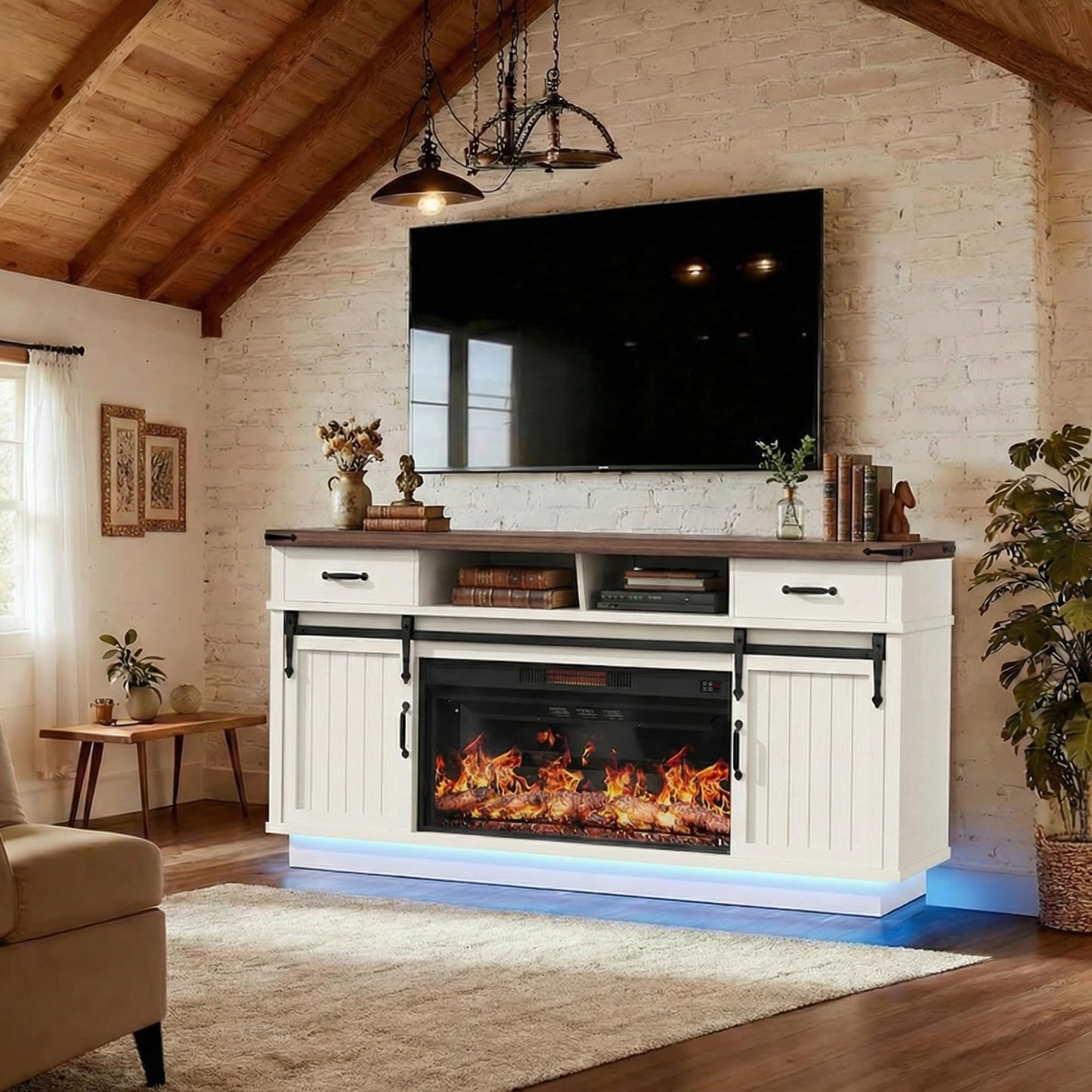 Jocoevol 70'' Fireplace TV Stand with 36‘’ Electric Fireplace, Tall Farmhouse TV Stand for 65/75 Inch TV, Entertainment Center TV Console with 2 Drawers, Sliding Barn Door for Living Room - White