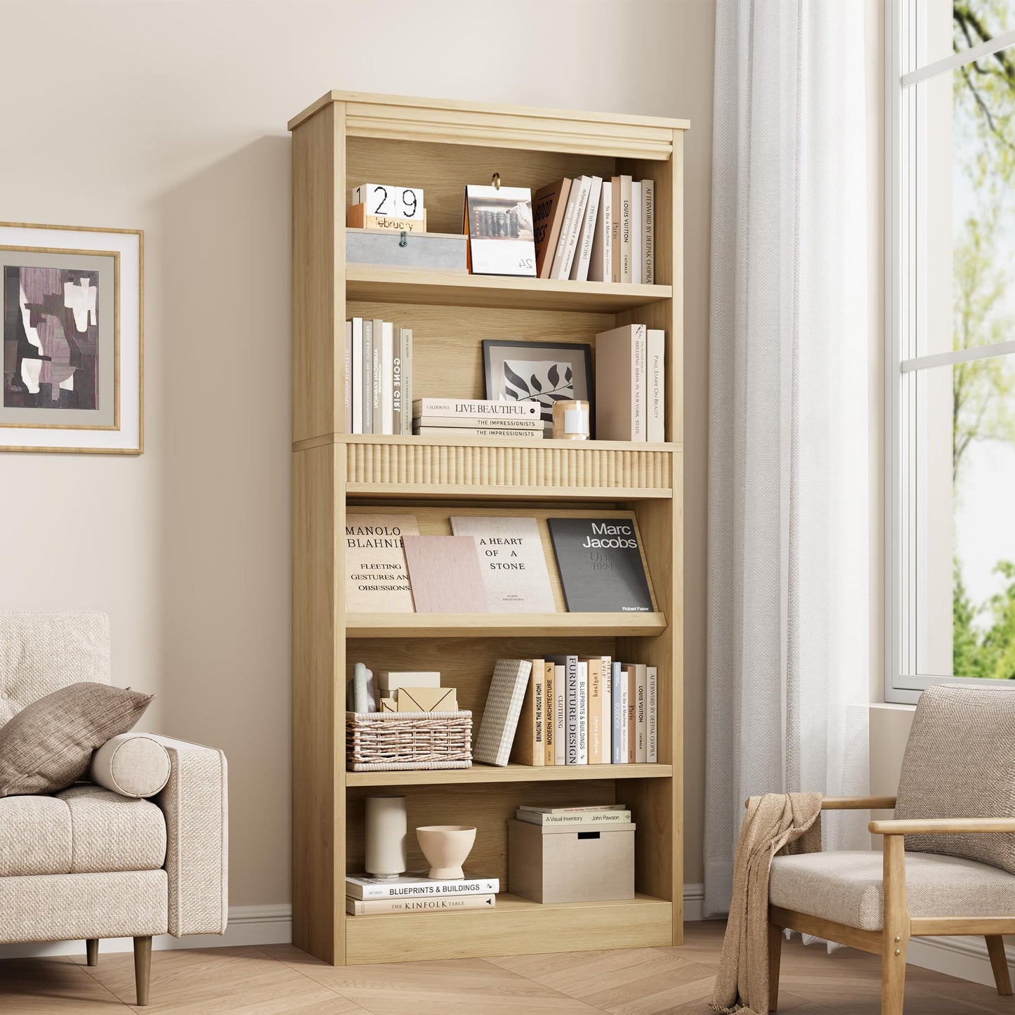 GarveeHome 71 in Farmhouse Bookcase w/Display Rack & Fluted Design, 5 Tier Tall Bookshelf with Wooden Base, Wood Bookshelf Vintage Book Shelf for Office Library (Nature, 71.5" H x 30.7" W x 11.9" D)