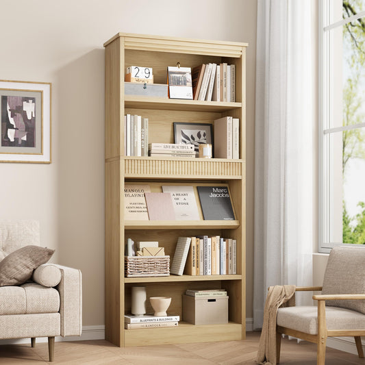 GarveeHome 71 in Farmhouse Bookcase w/Display Rack & Fluted Design, 5 Tier Tall Bookshelf with Wooden Base, Wood Bookshelf Vintage Book Shelf for Office Library (Nature, 71.5" H x 30.7" W x 11.9" D)