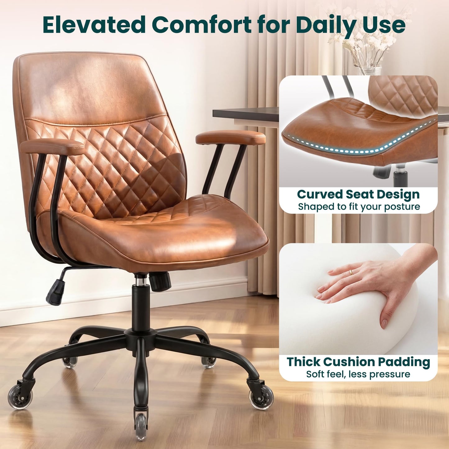 NEO Chair Ergonomic Leather Office Desk Chair with Fixed Armrests Mid Back Lumbar Support Swivel Executive Computer Chair with Wheels Comfy Home Office Chair for Adults (Brown)