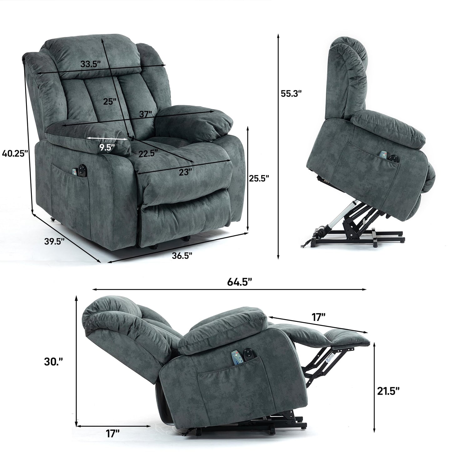 Ball & Cast Lift Recliner Chair with Sides Pockets,Lounge Relax Single Sofa W/Multi-Function Massage and Heat,Glider Reclining Chair W/USB Port &Cup Holders,for Living Room,Grayish Blue