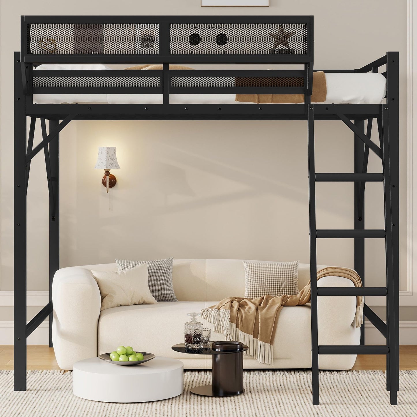 KEIKI Full Size Metal Loft Bed Frame with Ladder and Built-in Storage Shelves, for Teens, Modern Style Loft Bed with Solid Slats, Guardrail, No Box Spring Required, Easy Assembly, for Bedroom, Black