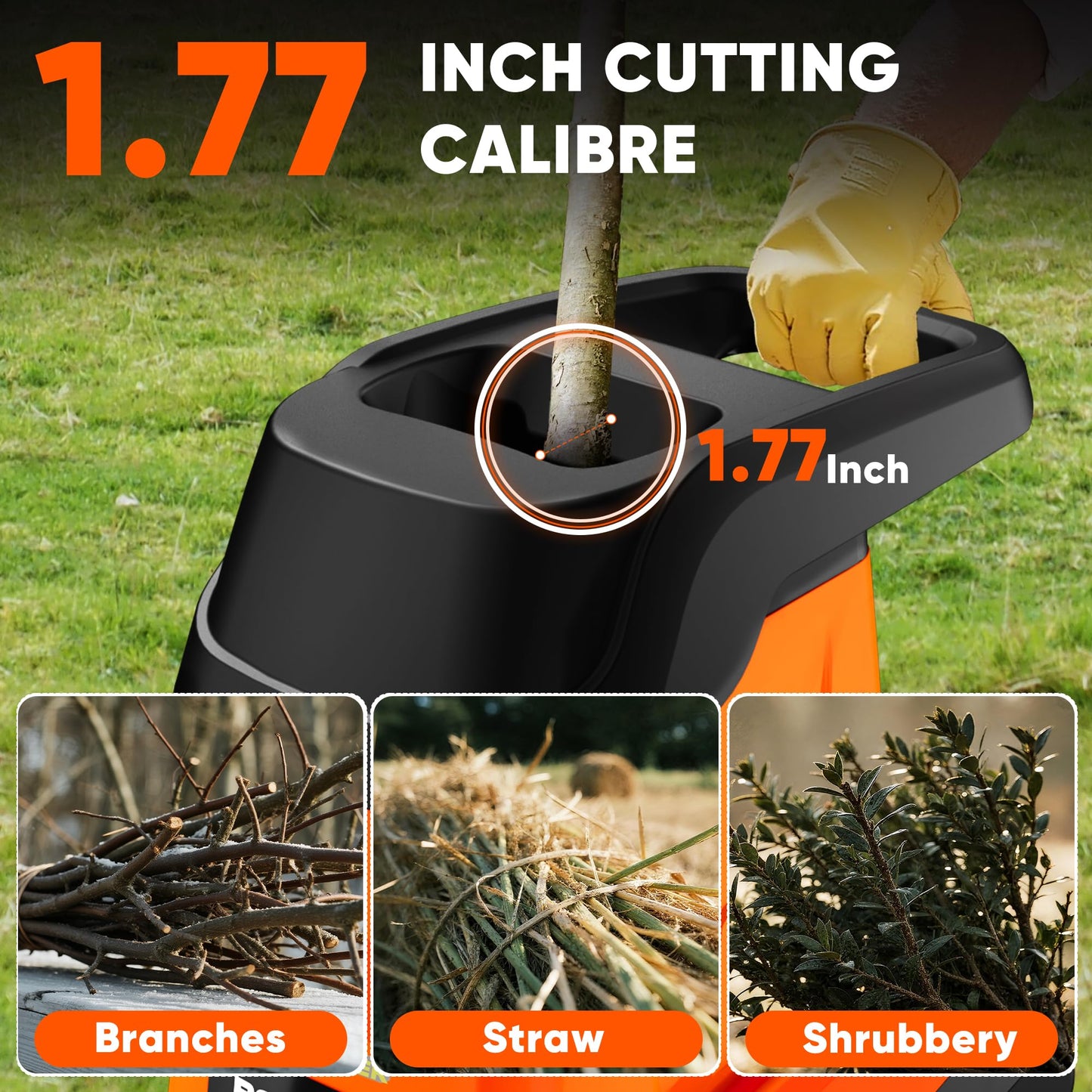 Dkenicor Wood Chipper Shredder,1800W Cut Diameter of 1.77inch with 10 Gallon Collection Bin 15-Amp Electric Wood Chipper Shredder for Easy Cleanup Ideal for Branches, Leaves,Yard Waste, Orange