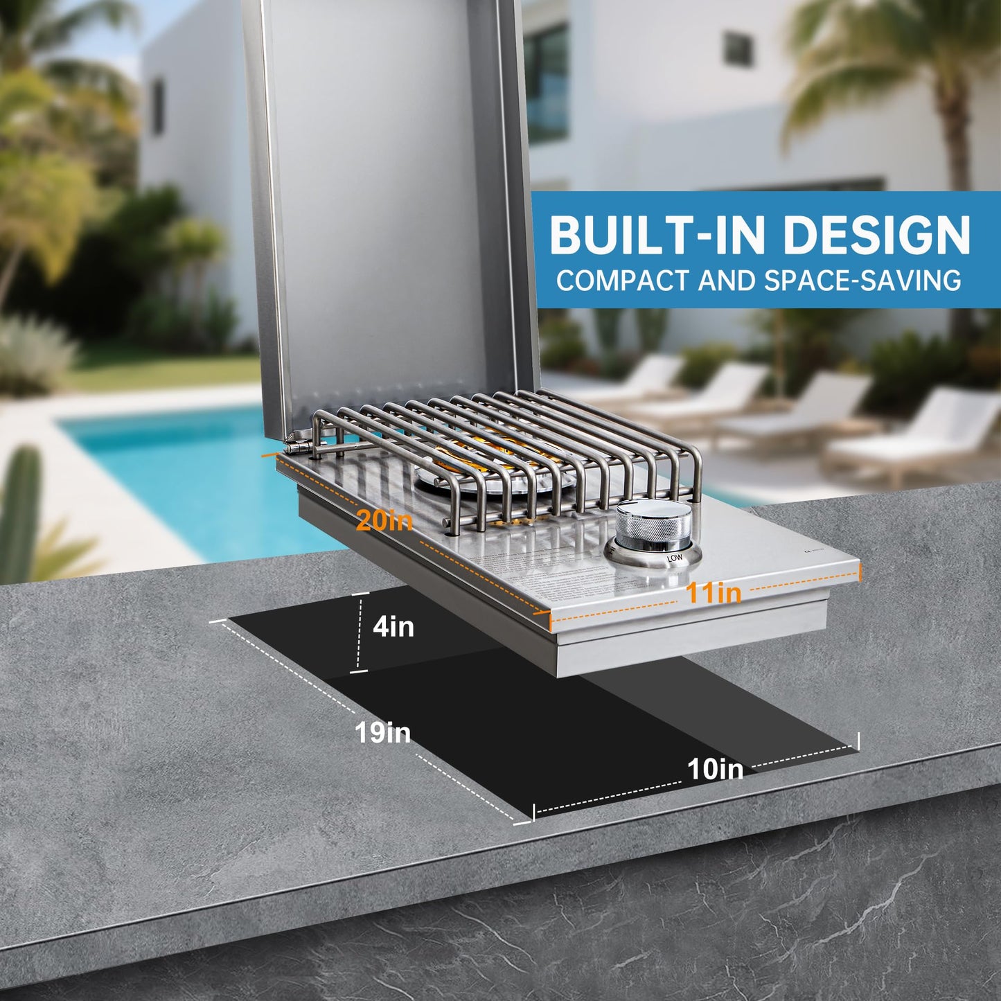 Built-in Single Side Grill Burner with Cover, Silver 304 Stainless Steel Side Burner for Outdoor Kitchen, Propane & Natural Gas, Outdoor BBQ for Family Patio Parties