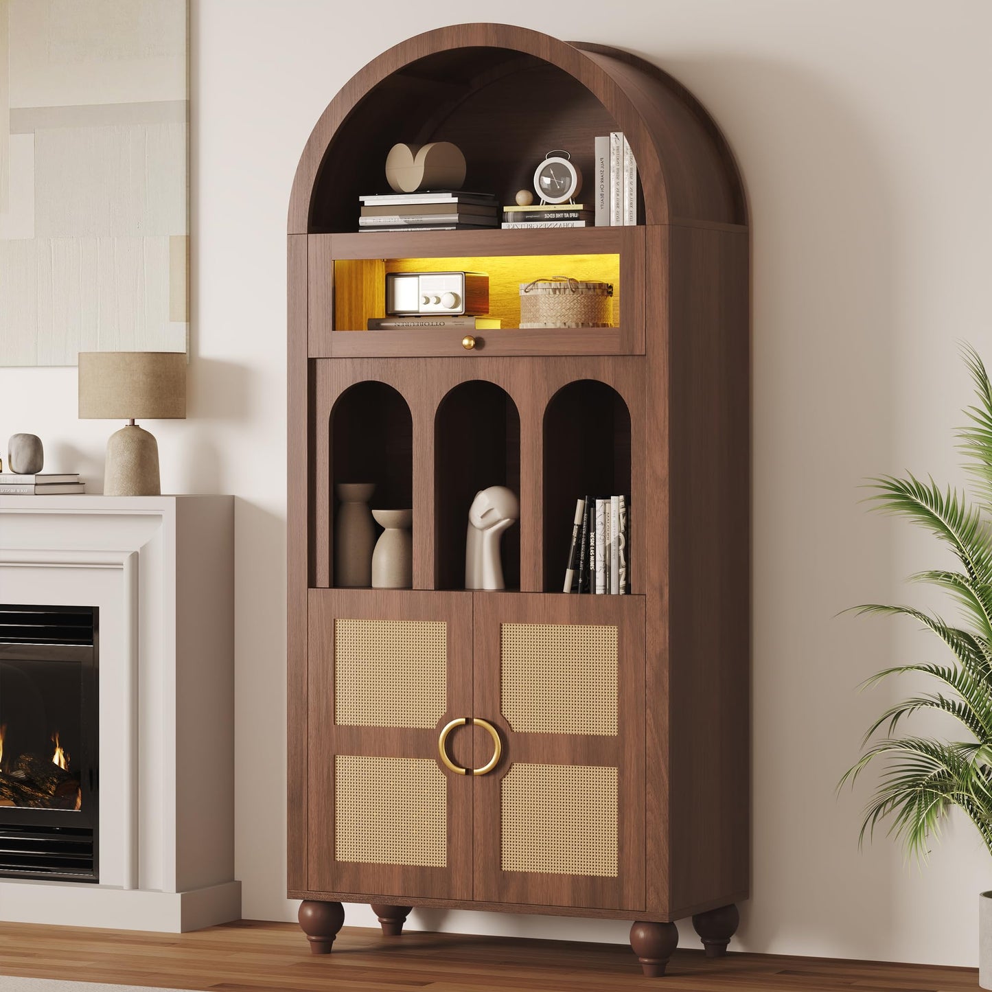LIKIMIO 72.8" Tall Arched Cabinet, 5-Tier Bookshelf, LED Light Display Cabinet with Glass Doors, Rattan Storage Pantry with Adjustable Arch Shelf for Kitchen, Living Room, Office, Walnut