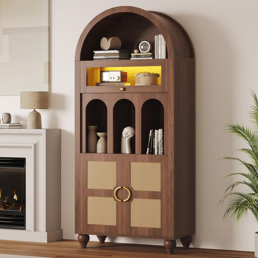 LIKIMIO 72.8" Tall Arched Cabinet, 5-Tier Bookshelf, LED Light Display Cabinet with Glass Doors, Rattan Storage Pantry with Adjustable Arch Shelf for Kitchen, Living Room, Office, Walnut