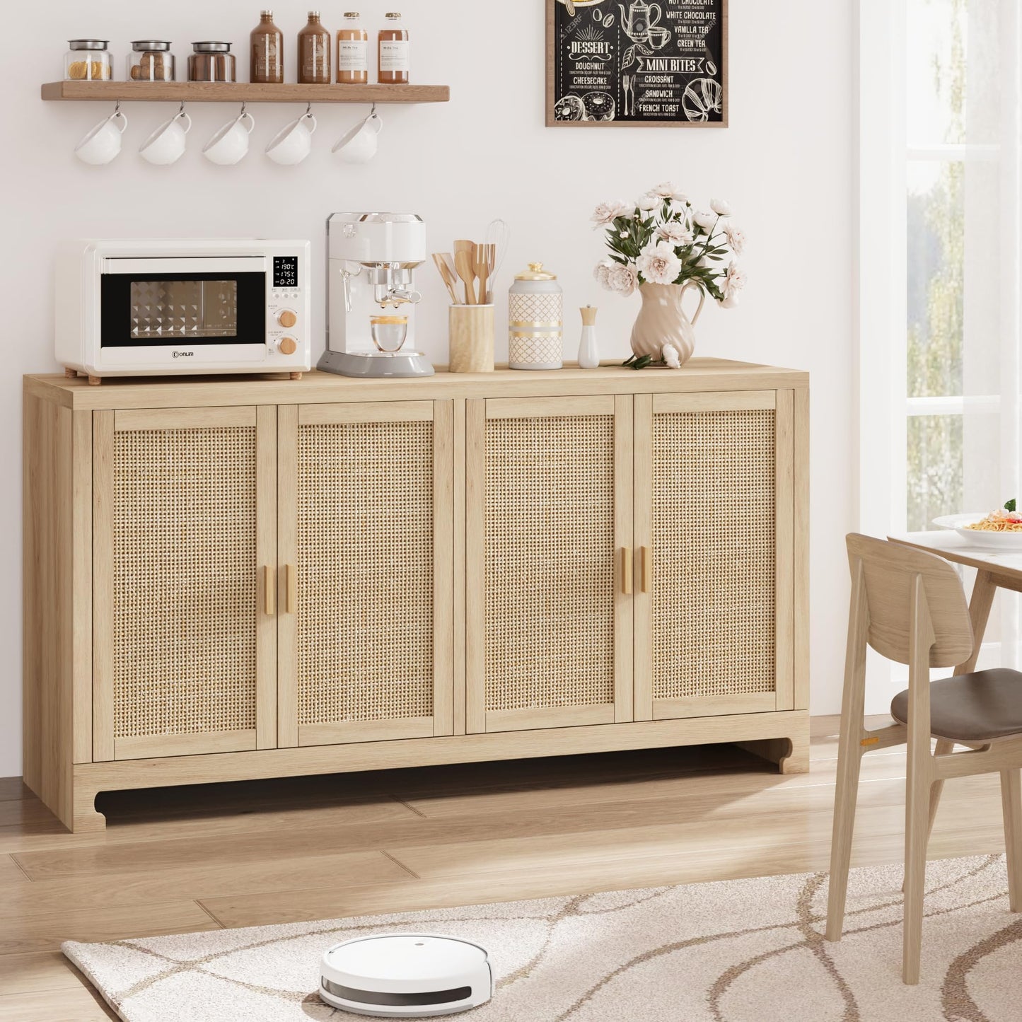 Garvee 40 in Modern Boho Storage Cabinet with Woven Rattan Doors - Adjustable Shelf, Multifunctional TV Stand, Coffee Bar & Entryway Console Table for Kitchen, Living Room (Oak Brown)