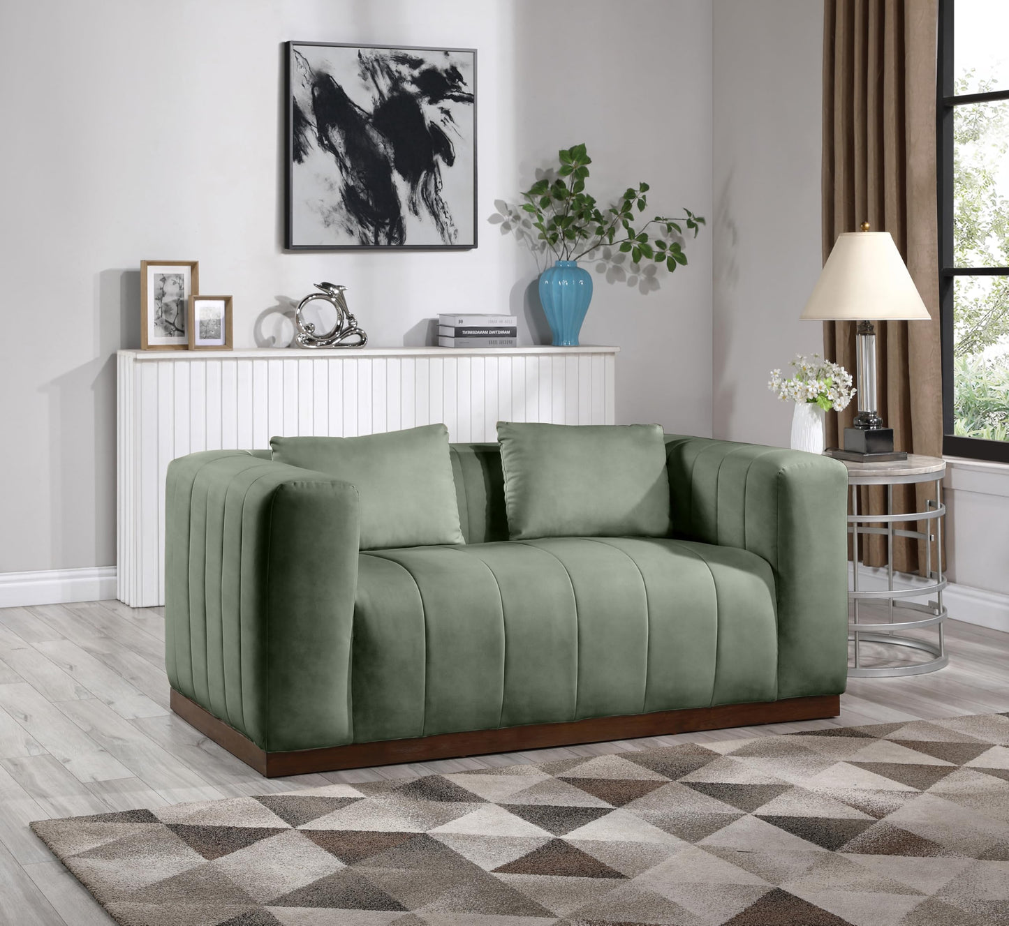 Meridian Furniture 44098Green-L Mallina Collection Modern | Contemporary Loveseat with Soft Green Vegan Leather, Walnut Finish Solid Wood Base, Deep Channel Tufting, 67" W x 36" D x 28.5" H, Green