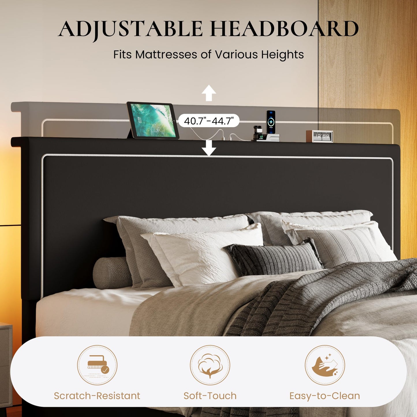 SHA CERLIN King Size Hydraulic Lift-Up Storage Platform Bed Frame with Charging Station, RGB LED Lights, Adjustable Velvet Headboard, USB-A and USB-C Ports, No Box Spring Needed, Black