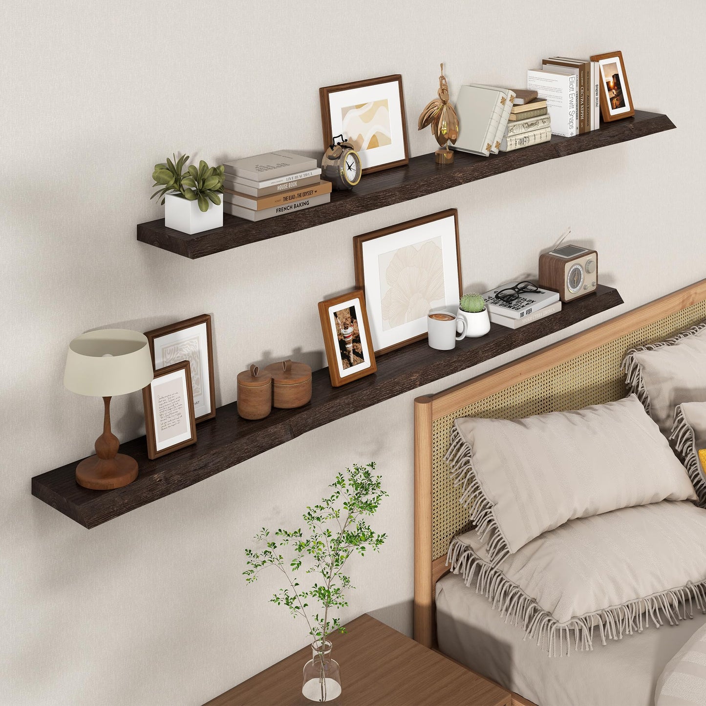 Axeman 72 inch Extra Long Floating Shelves for Wall - 8'' D Live Edge Rustic Solid Elm Wood Floating Shelves Wall Mounted, Wall Shelves with Invisible Bracket for Living Room Bedroom Kitchen, Walnut