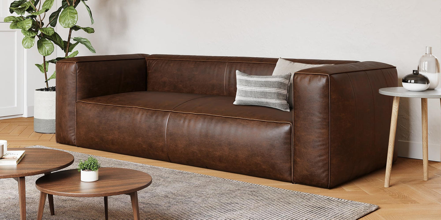 Valencia Graz Leather Wide Sofa 92" | Premium Full Semi-Aniline Leather | Modern Wide Couch with Unique Variations, Legless Design for Living Room, Chocolate