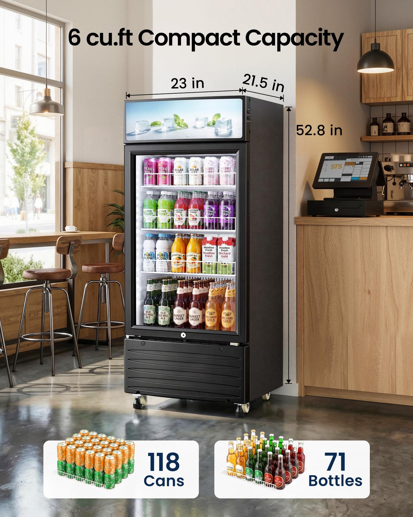 ICEVIVAL Commercial Beverage Refrigerator, 6 cu.ft Glass Door Drink Cooler with LED Lightbox & Lock, 32-50℉ Adjustable Temperature, ETL Certified Display Fridge for Bar, Restaurant & Shop