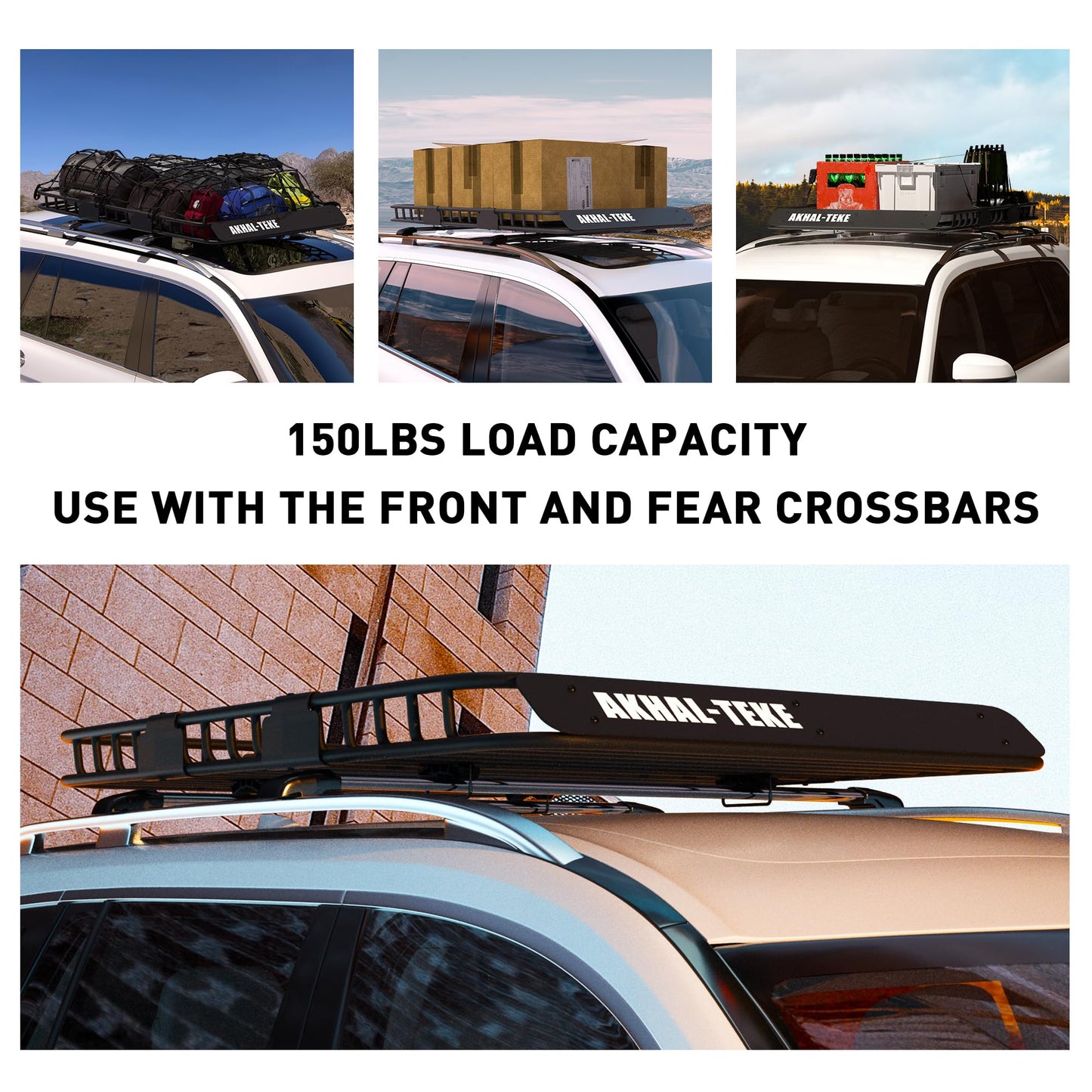 AKHAL-TEKE Roof Rack Basket, Upgraded 64"x 39"x 4" Roof Rack Cargo Carrier with 3' X 4' Super Duty Bungee Cargo Net, 2 pcs Ratchet Strap Fits for SUV Truck Cars