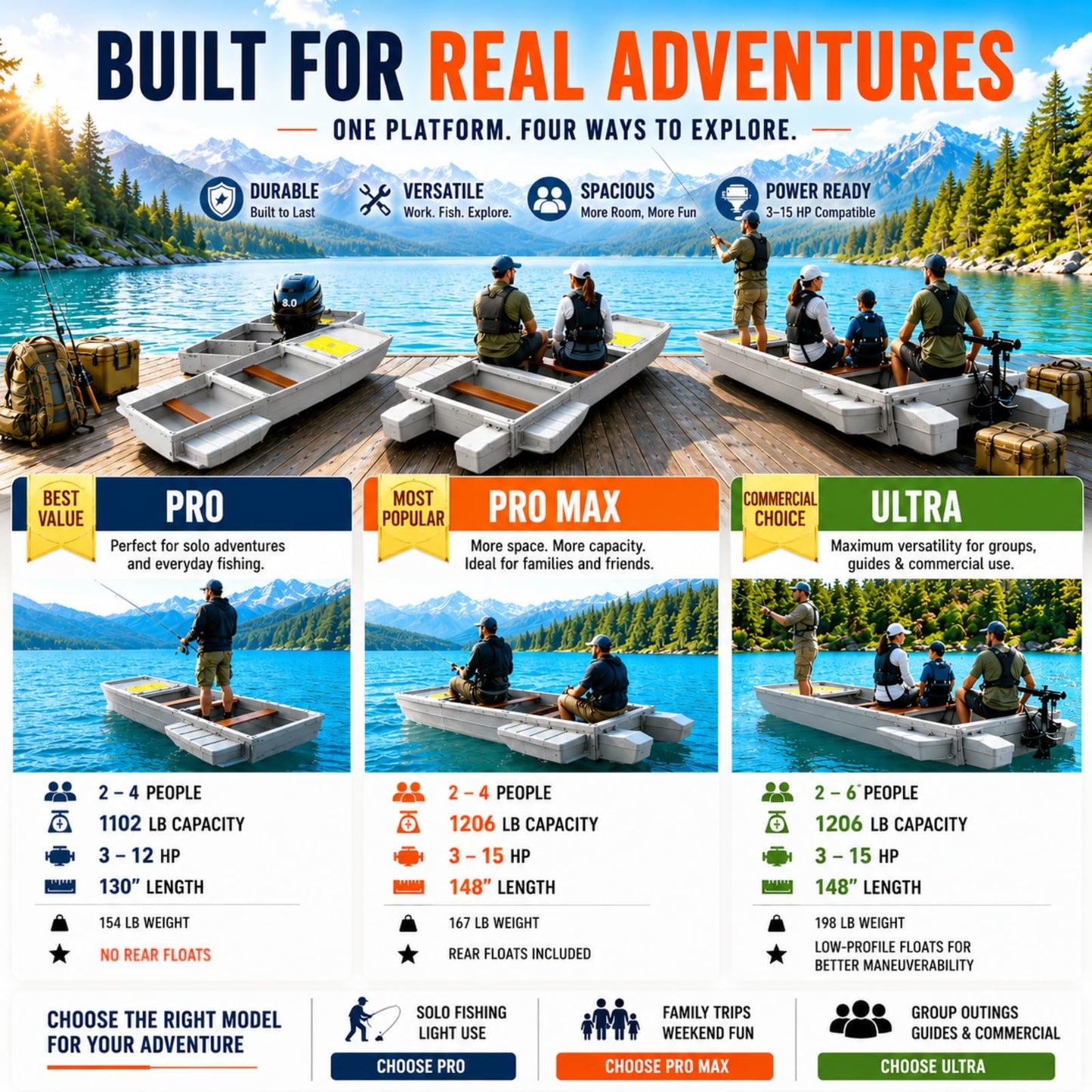 Artigree Fishing Boat, Folding Pontoon Boat, Fits in SUV Trunk - Portable Modular Kayak, Seats 4-6, Motor-Ready, Sturdier Than Inflatable Boats - Ideal for Lure Fishing, Rowing, Travel (Pro, Gray)