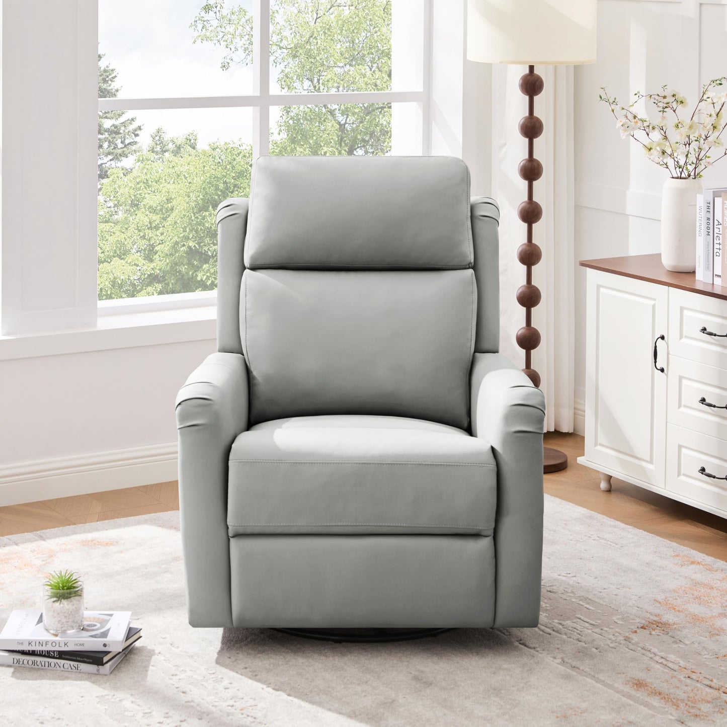 Merax Modern Manual Recliner Chair with Massage & Heat, 270° Swivel Rocking Chair, PU Leather Upholstered Home Theater Recliner with Storage Pocket, Adjustable Backrest for Living Room, Grey