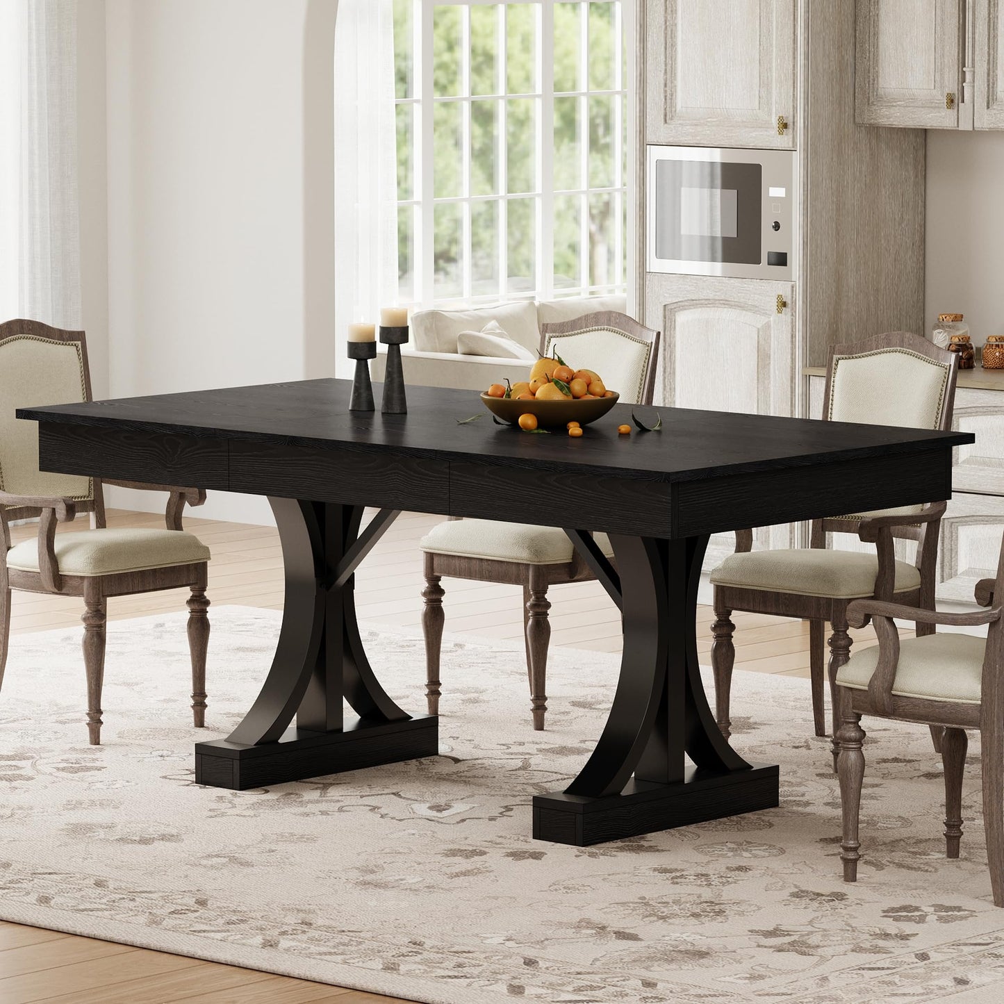 GarveeHome Dining Table for 6-8 with 2 Drawers,71-Inch Industrial Dining Table with Large Tabletop & Sturdy Frame, Rectangular Wooden Kitchen Table with Double Pedestal, for Dinner， Rustic Black