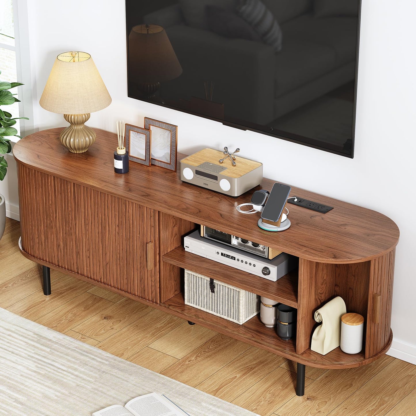 63" Fluted TV Stand with Power Outlet, Modern Media Console with Sliding Doors, Entertainment Center for TVs up to 60 Inch, Adjustable Shelves, Walnut